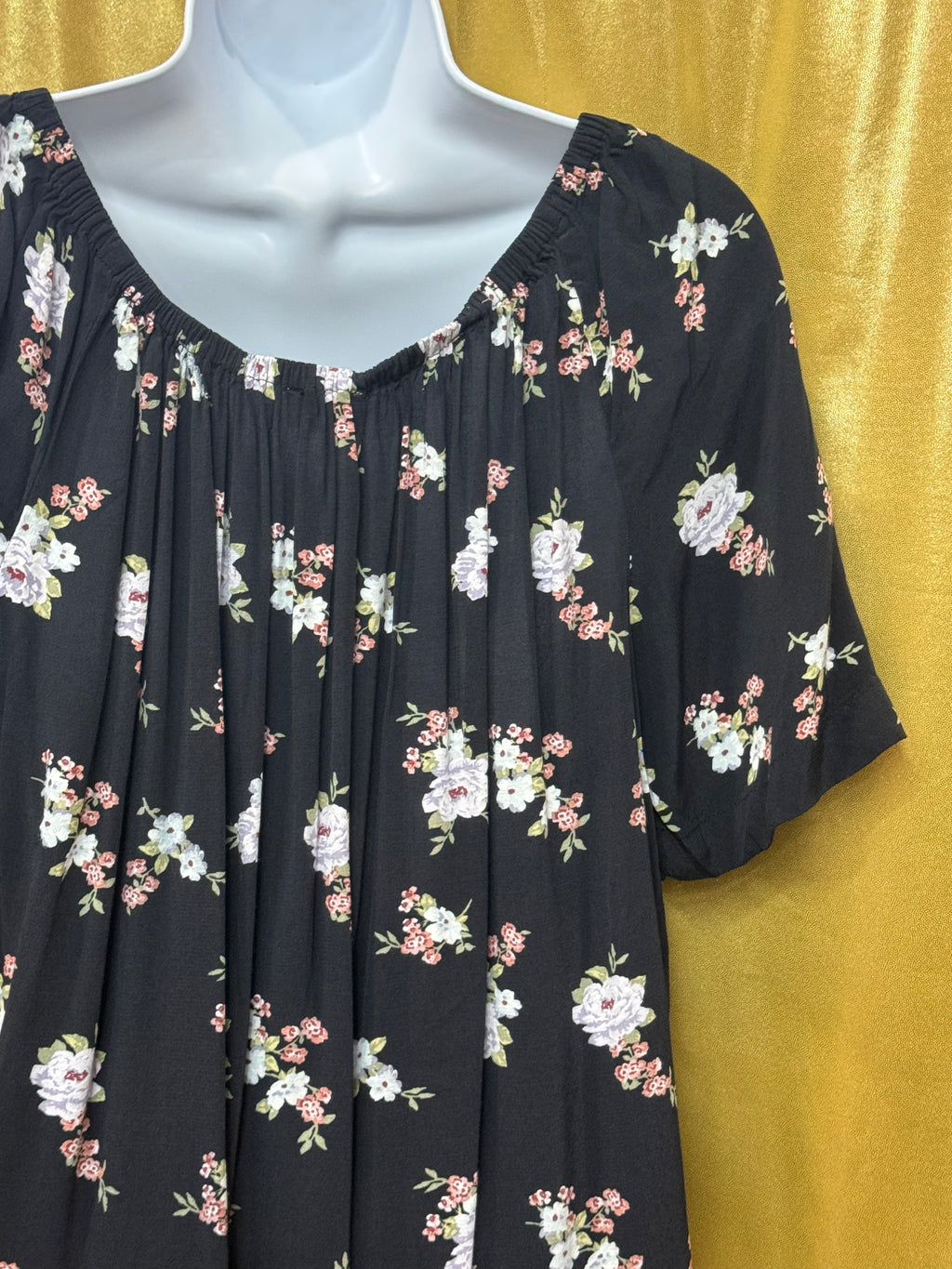 LOFT Black Floral Boho Blouse Scoop Neck Short Sleeve Top Size S