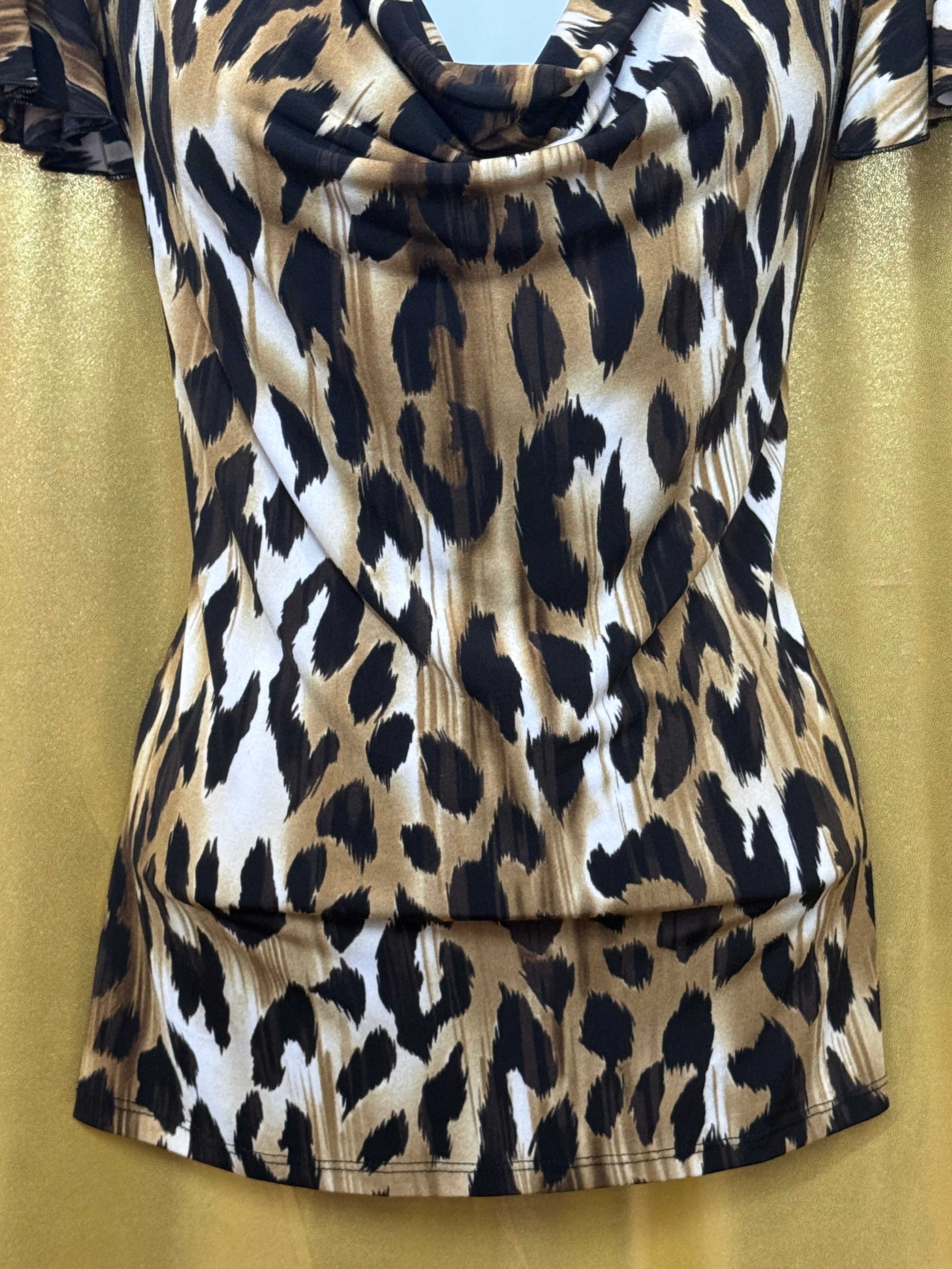 Grace Elements Leopard Print Cowl Neck Flutter Sleeve Top - Size S
