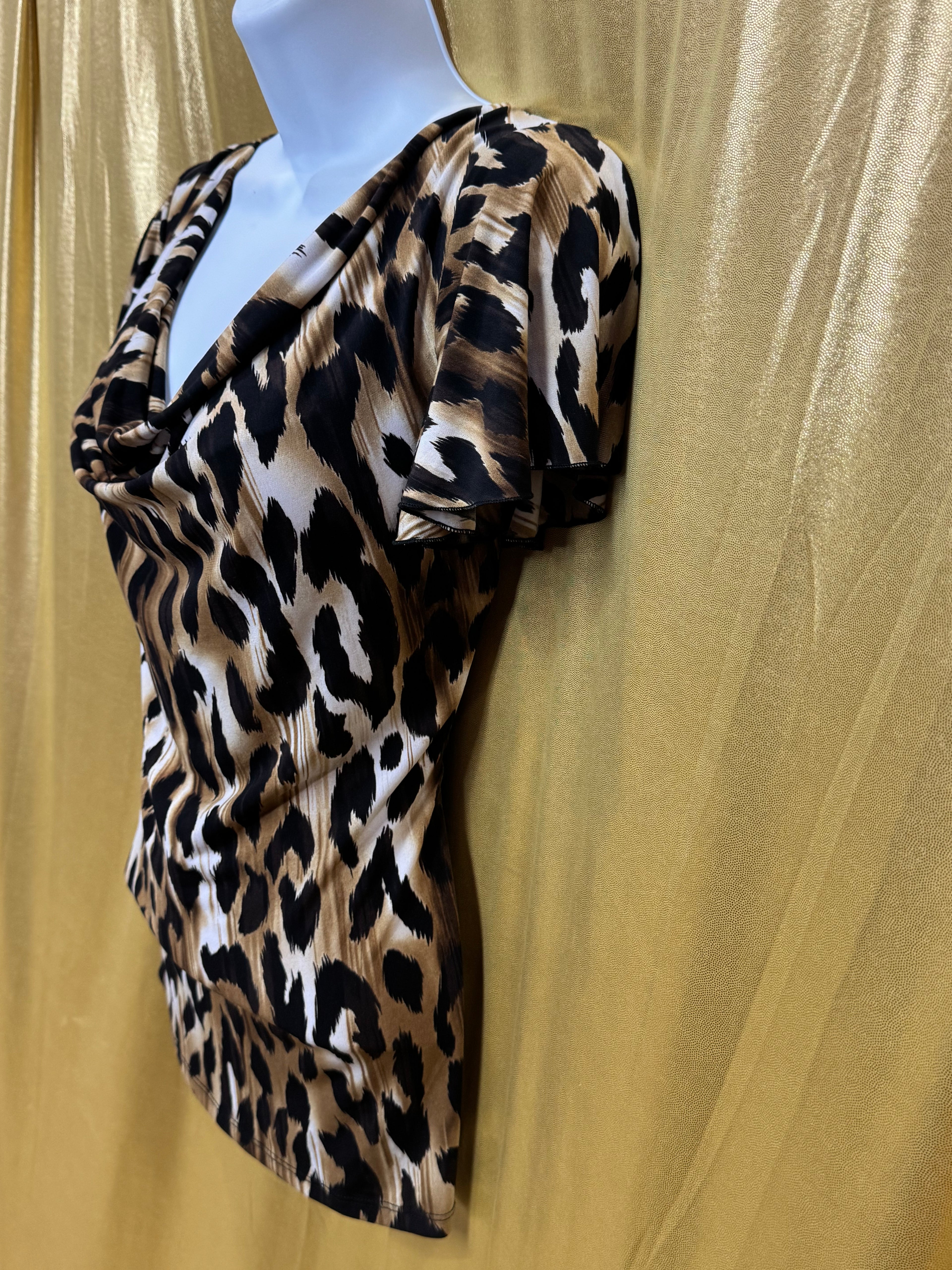 Grace Elements Leopard Print Cowl Neck Flutter Sleeve Top - Size S