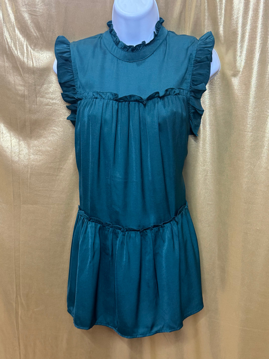 Pinch Teal Ruffle Mock Neck Tiered Drop-Waist Top - Size Small NWT