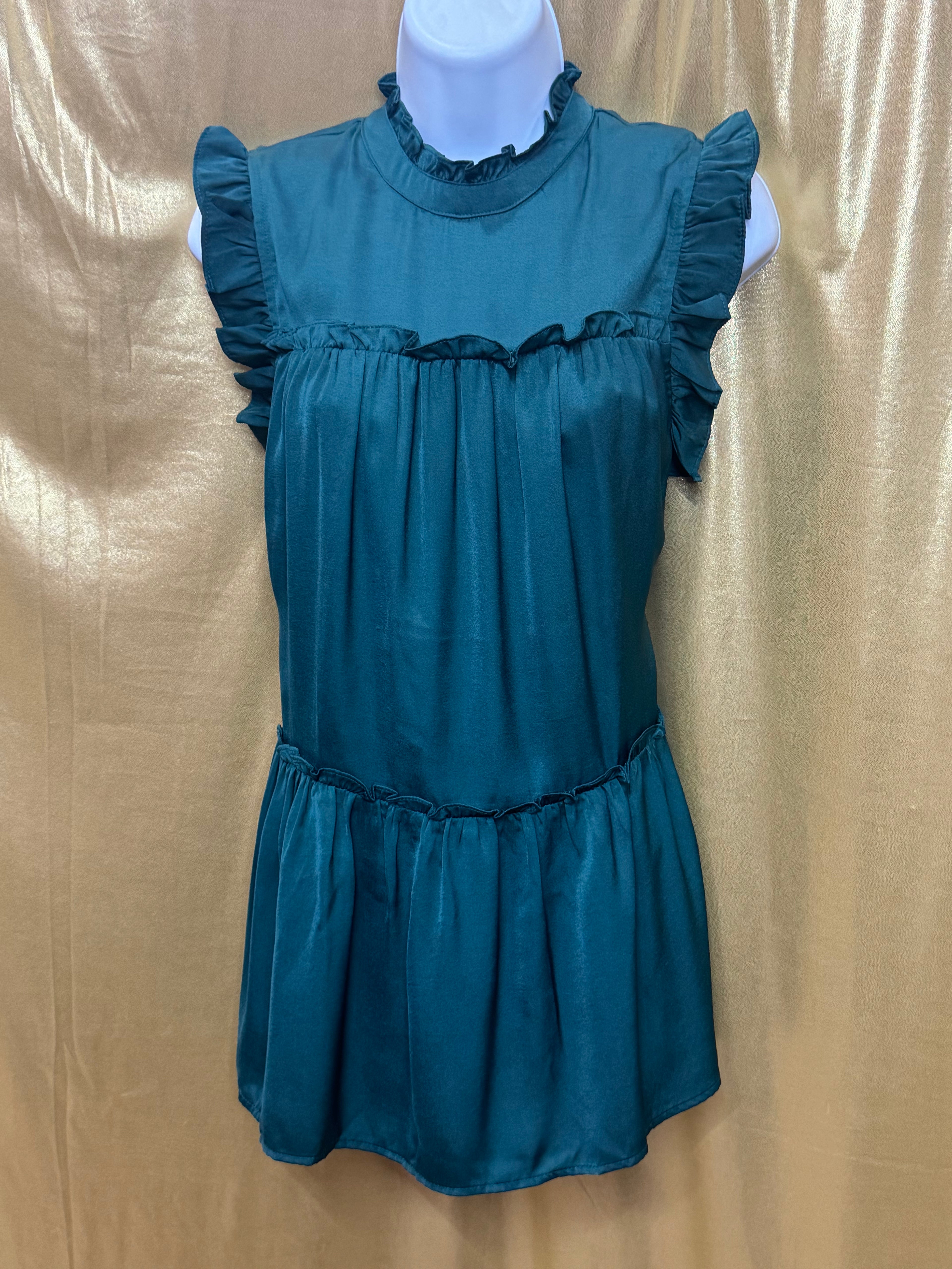 Pinch Teal Ruffle Mock Neck Tiered Drop-Waist Top - Size Small NWT