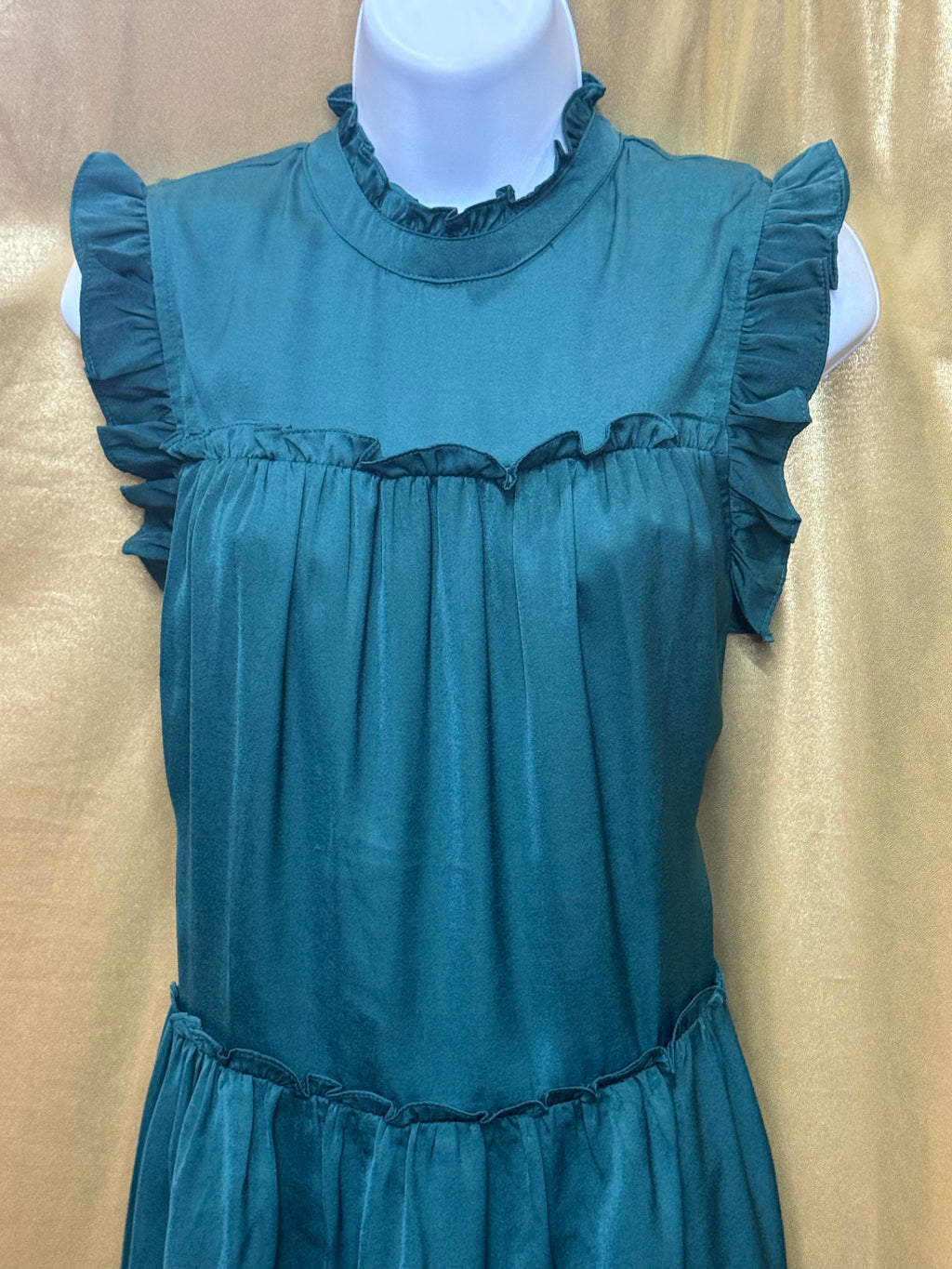 Pinch Teal Ruffle Mock Neck Tiered Drop-Waist Top - Size Small NWT