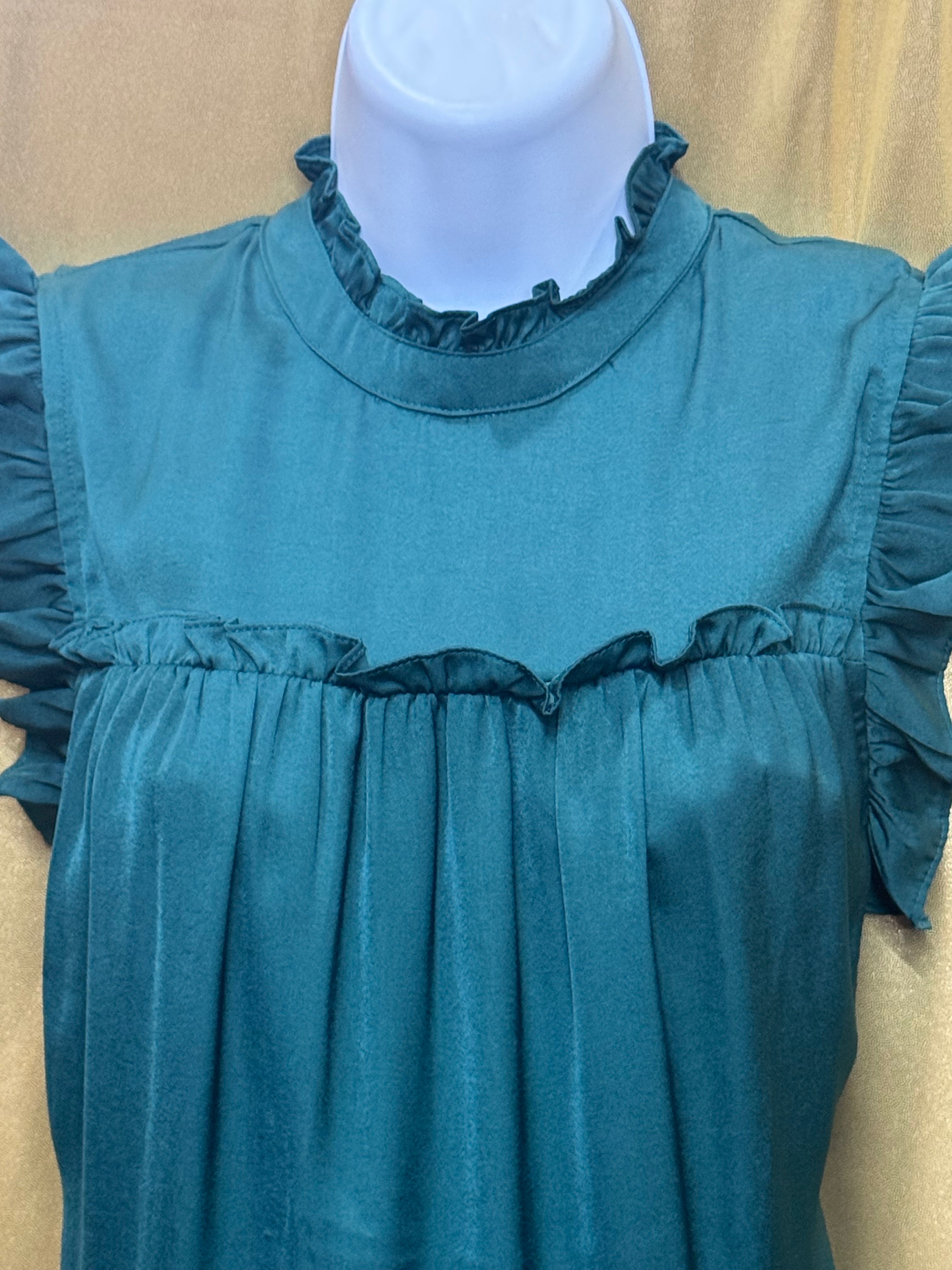 Pinch Teal Ruffle Mock Neck Tiered Drop-Waist Top - Size Small NWT
