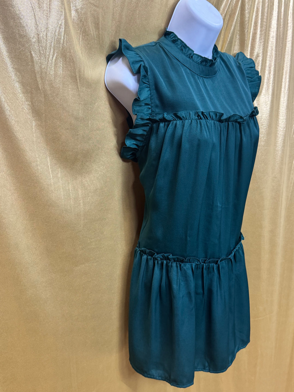 Pinch Teal Ruffle Mock Neck Tiered Drop-Waist Top - Size Small NWT