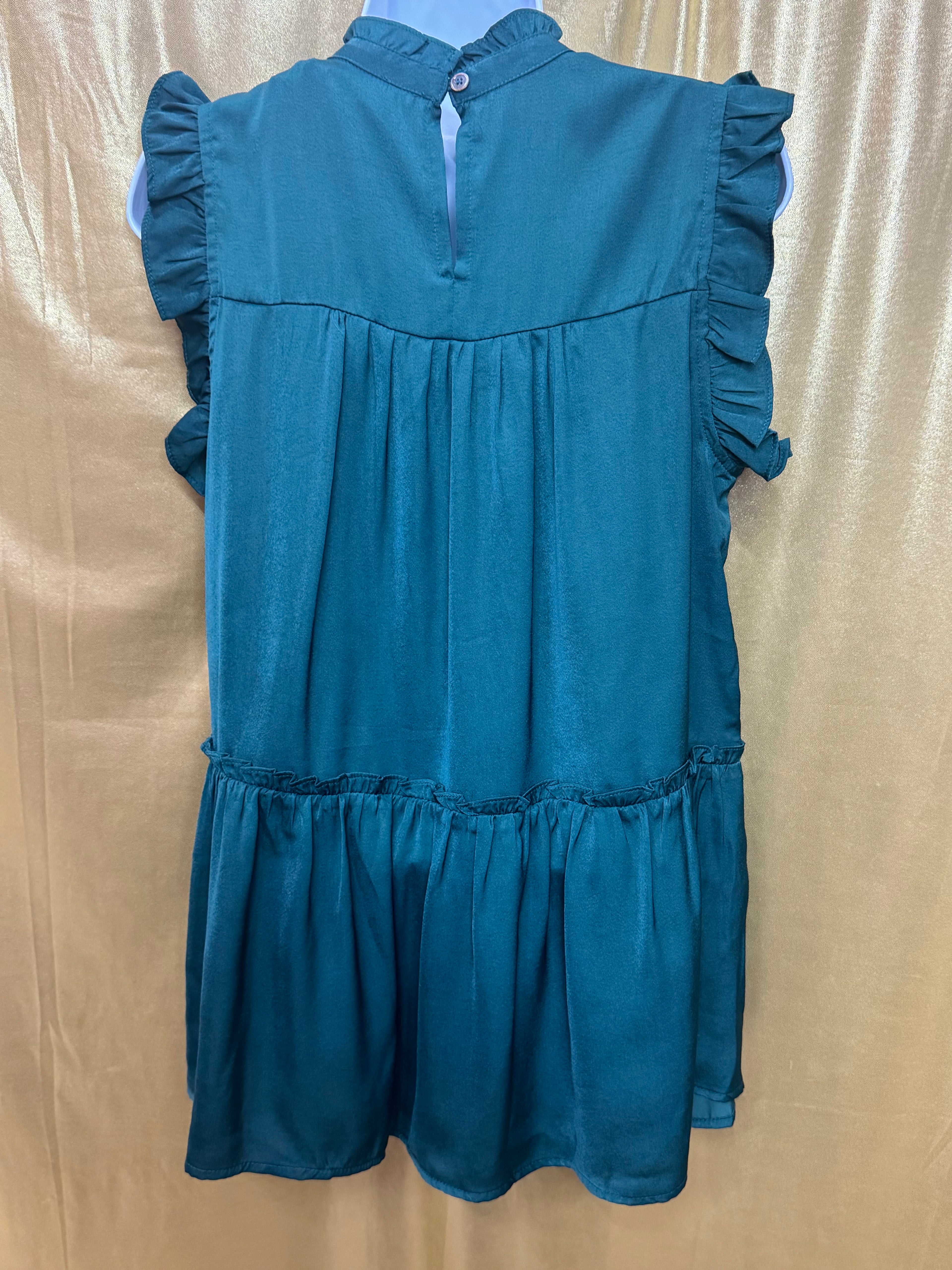 Pinch Teal Ruffle Mock Neck Tiered Drop-Waist Top - Size Small NWT