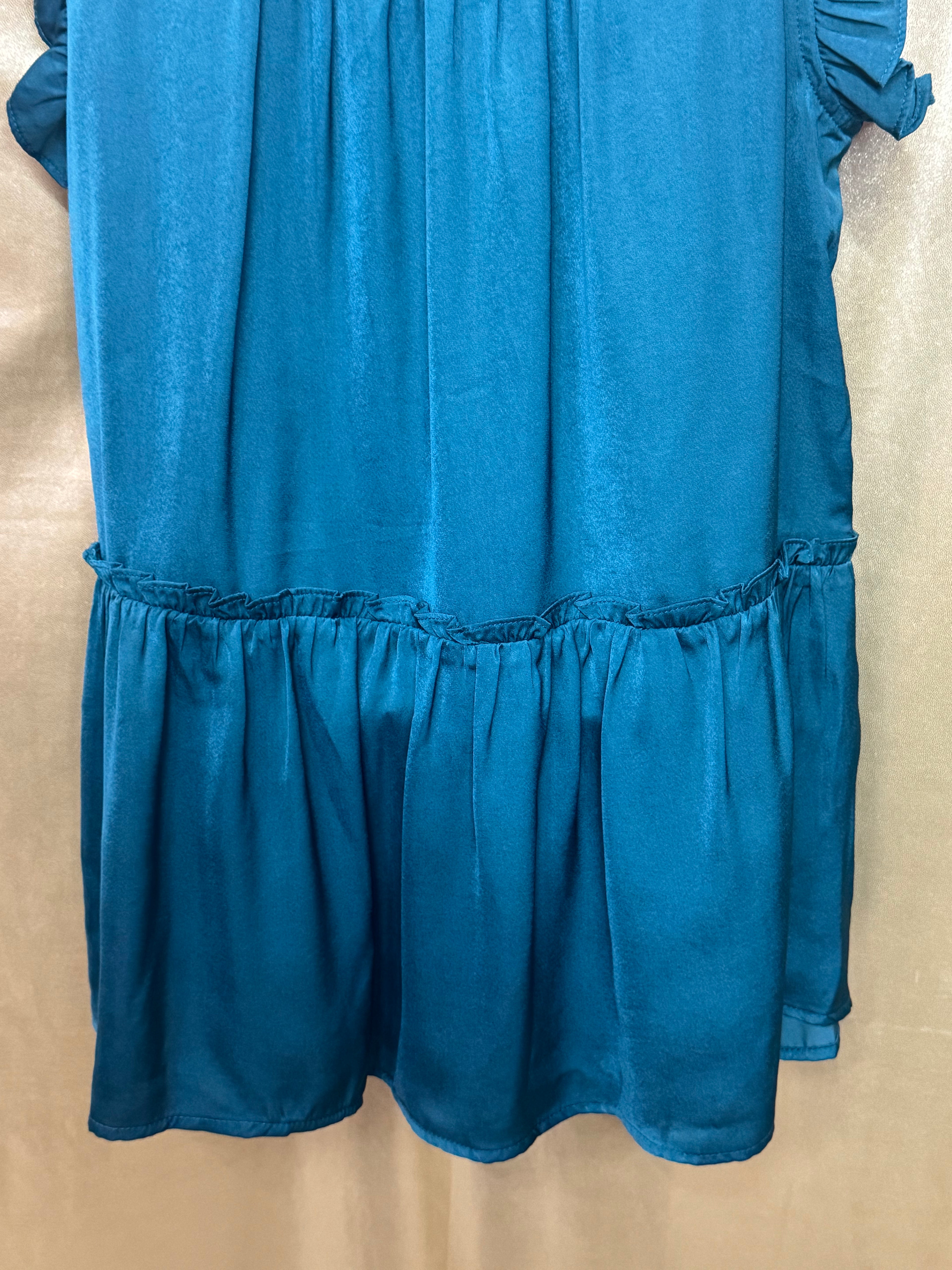 Pinch Teal Ruffle Mock Neck Tiered Drop-Waist Top - Size Small NWT