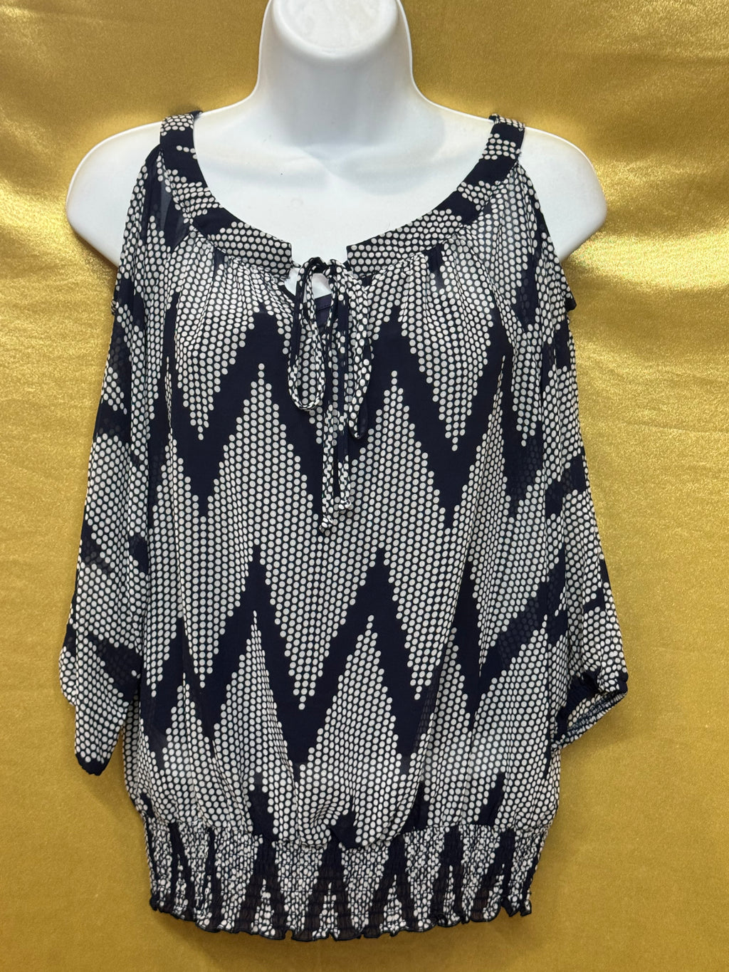 Iz Byer Blue & White Zig-Zag Cold-Shoulder Blouson Blouse | Size Small