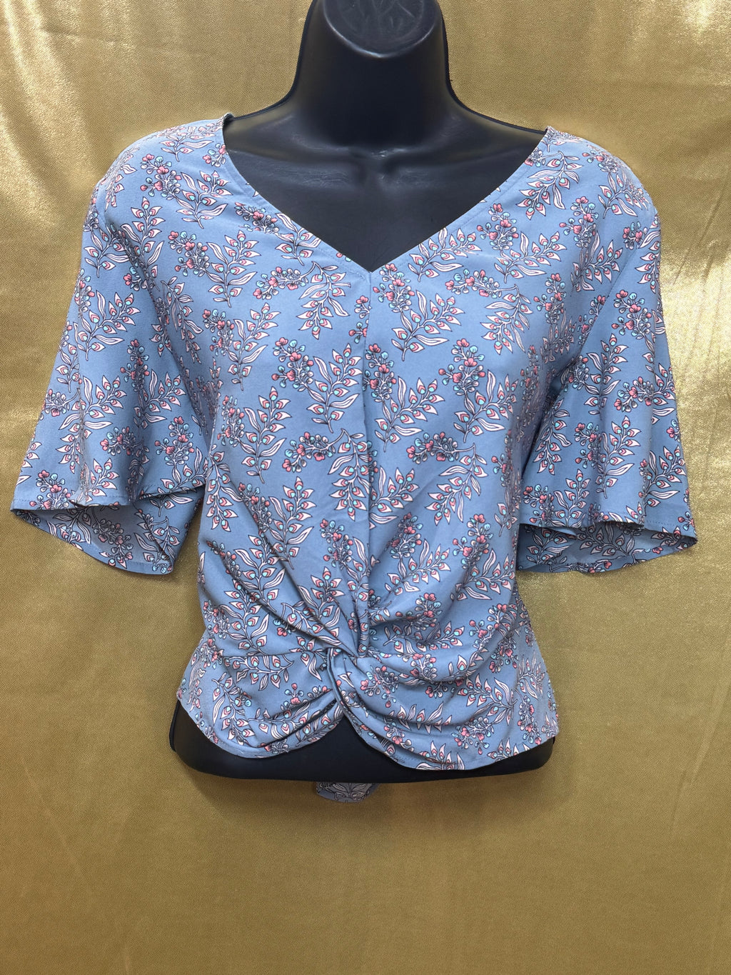 LOFT Blue Floral Twist-Front Blouse Size Small - Short Flutter Sleeve Top
