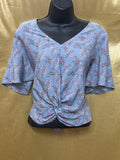 LOFT Blue Floral Twist-Front Blouse Size Small - Short Flutter Sleeve Top