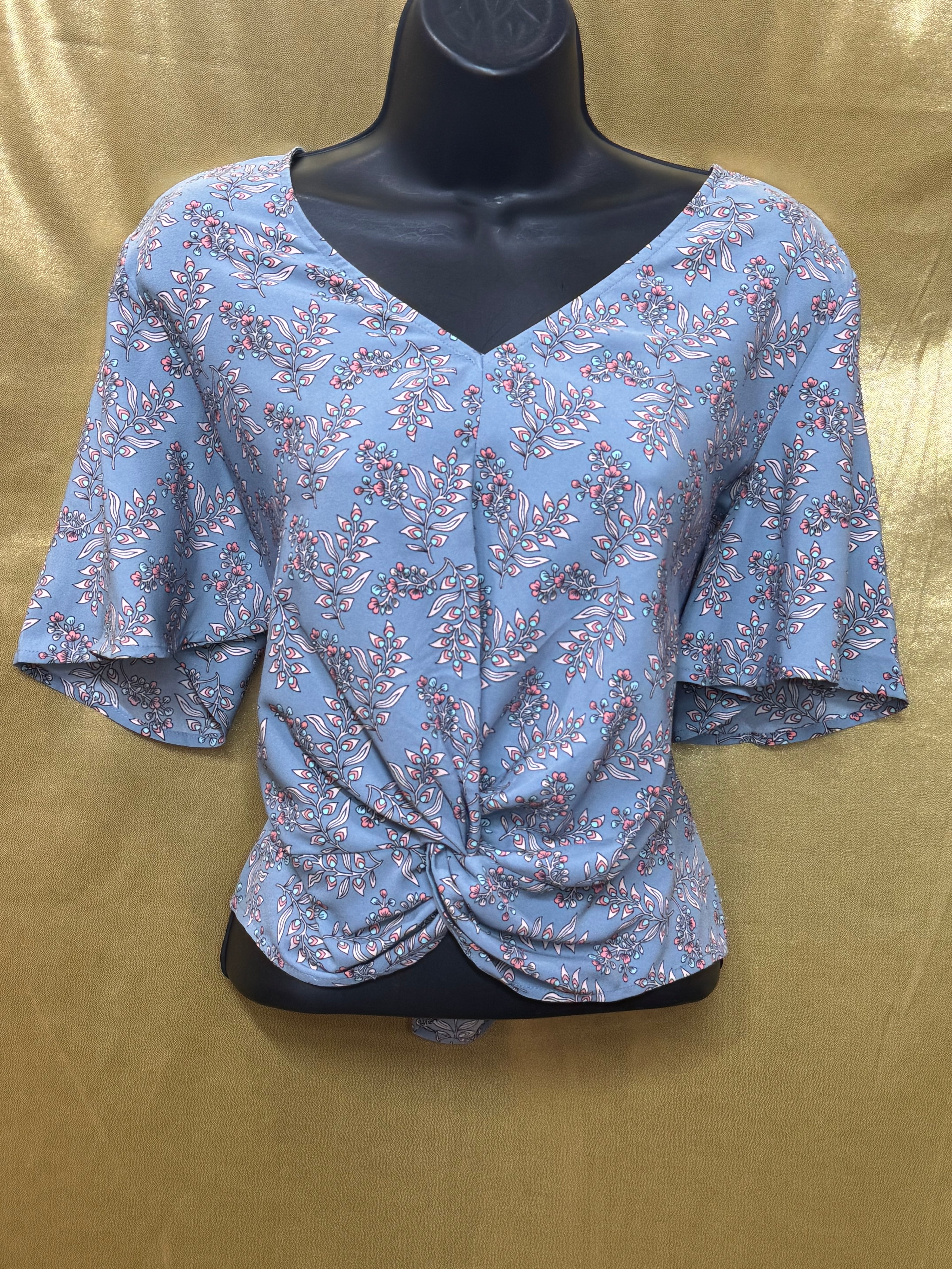 LOFT Blue Floral Twist-Front Blouse Size Small - Short Flutter Sleeve Top