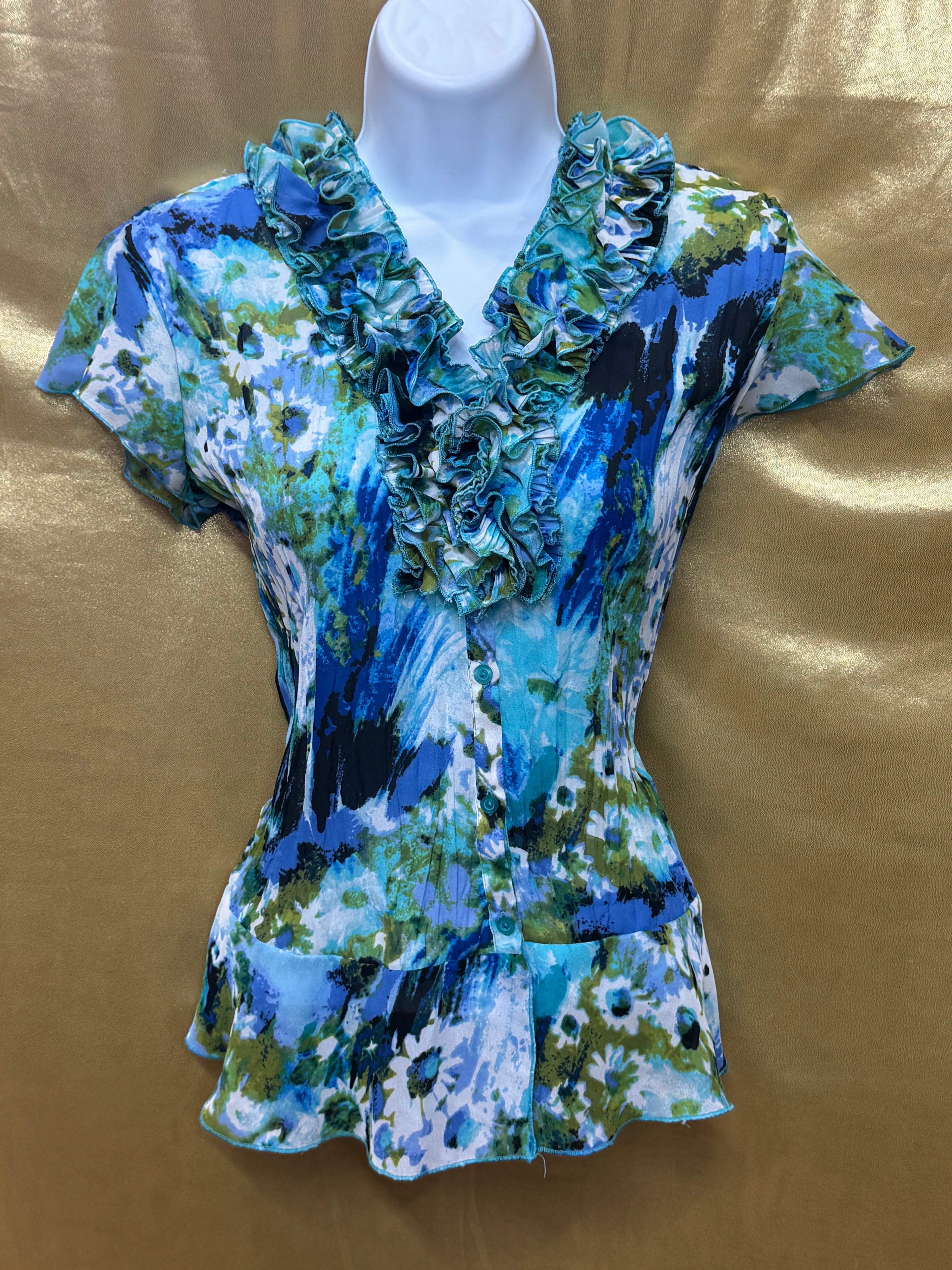 East 5th Blue & Green Floral Ruffle V-Neck Blouse Size Small