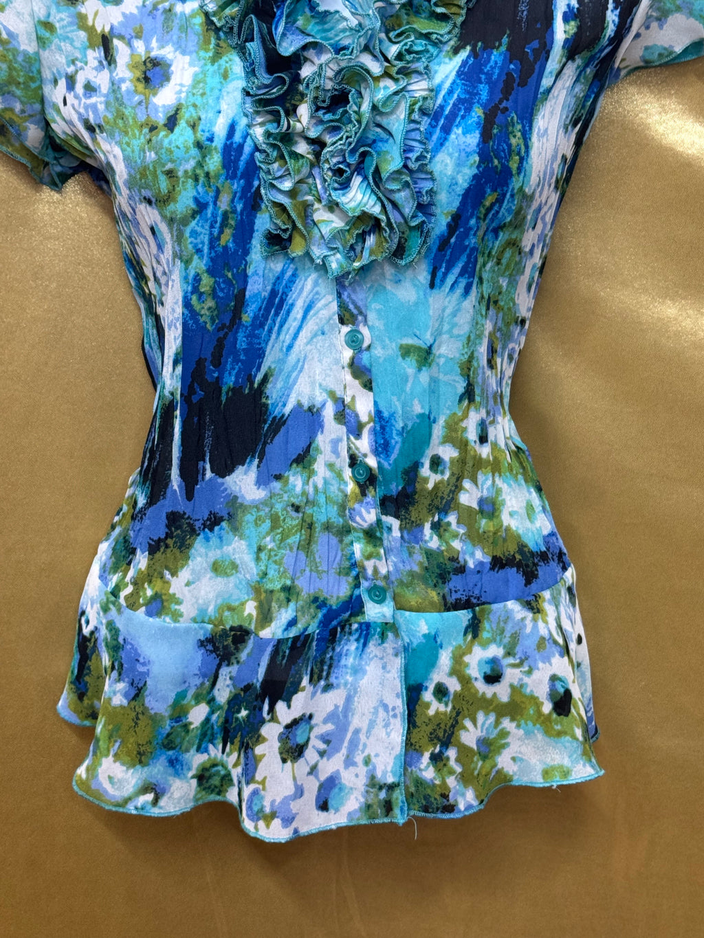 East 5th Blue & Green Floral Ruffle V-Neck Blouse Size Small