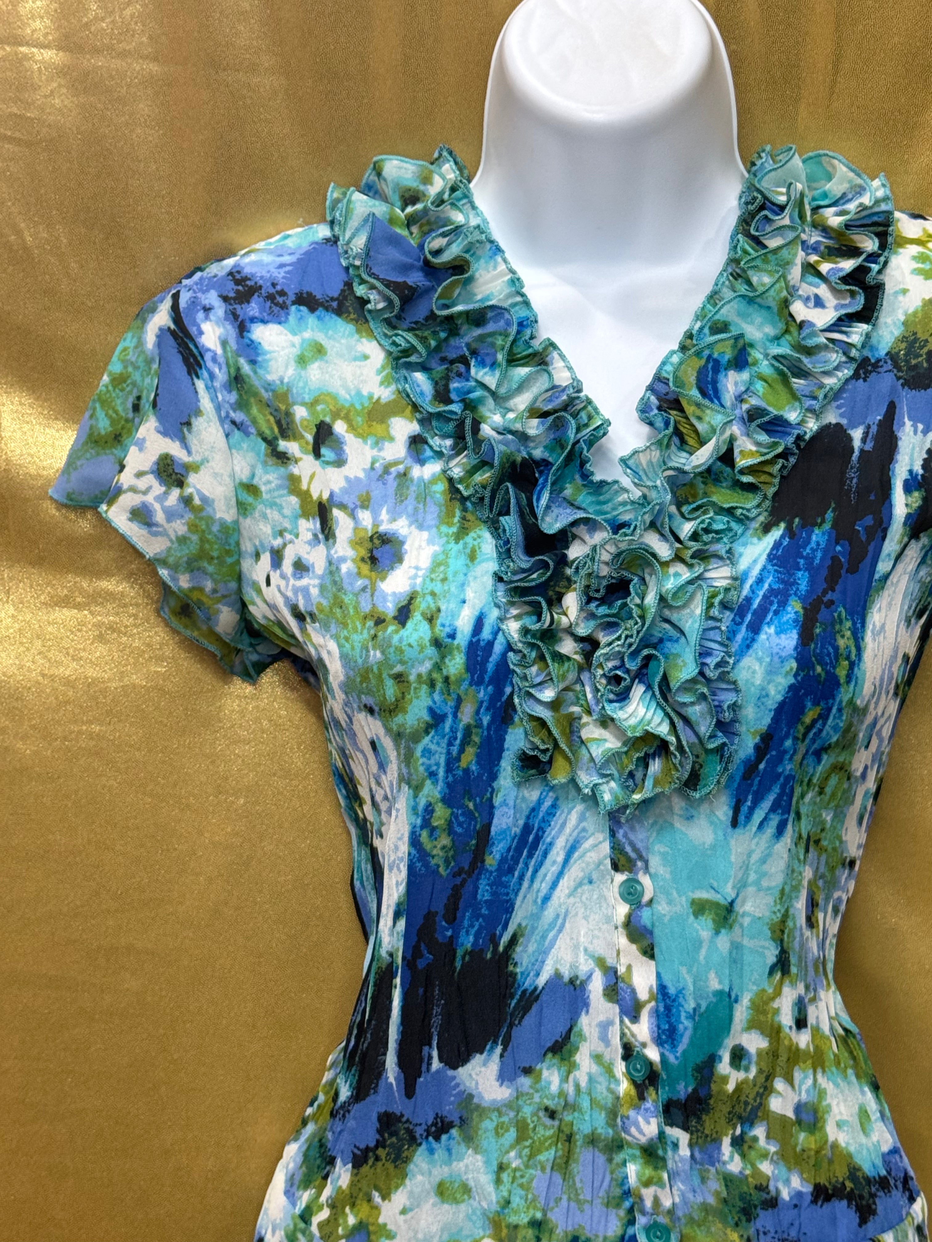 East 5th Blue & Green Floral Ruffle V-Neck Blouse Size Small