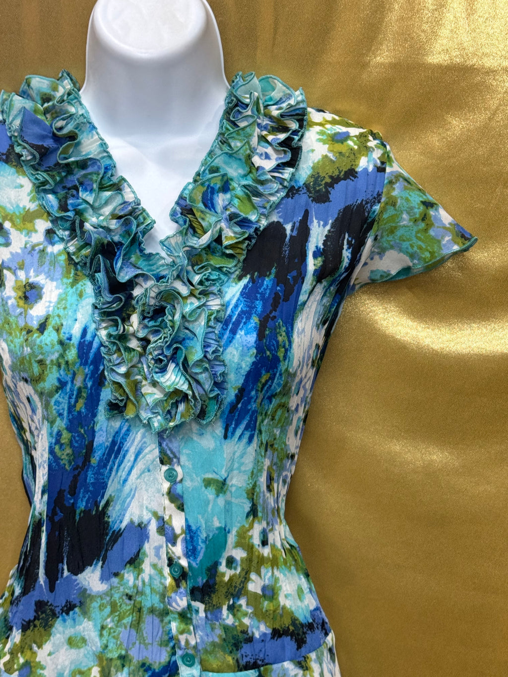 East 5th Blue & Green Floral Ruffle V-Neck Blouse Size Small