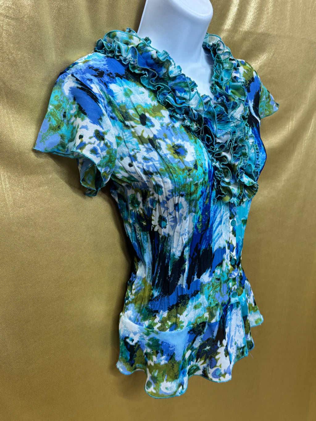 East 5th Blue & Green Floral Ruffle V-Neck Blouse Size Small