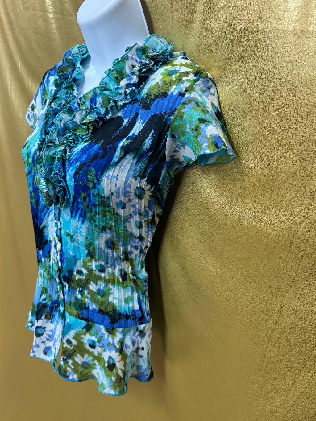 East 5th Blue & Green Floral Ruffle V-Neck Blouse Size Small
