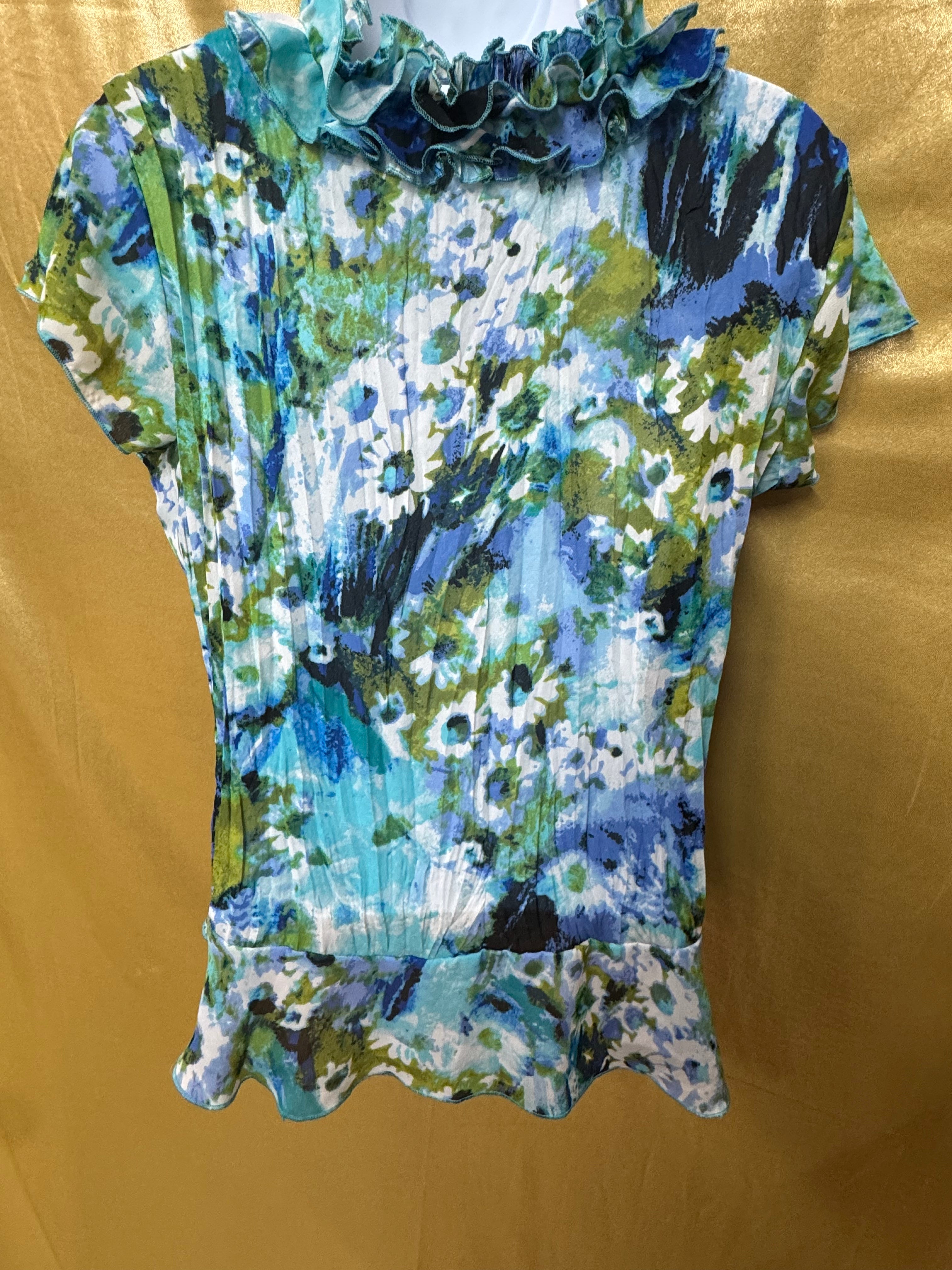 East 5th Blue & Green Floral Ruffle V-Neck Blouse Size Small