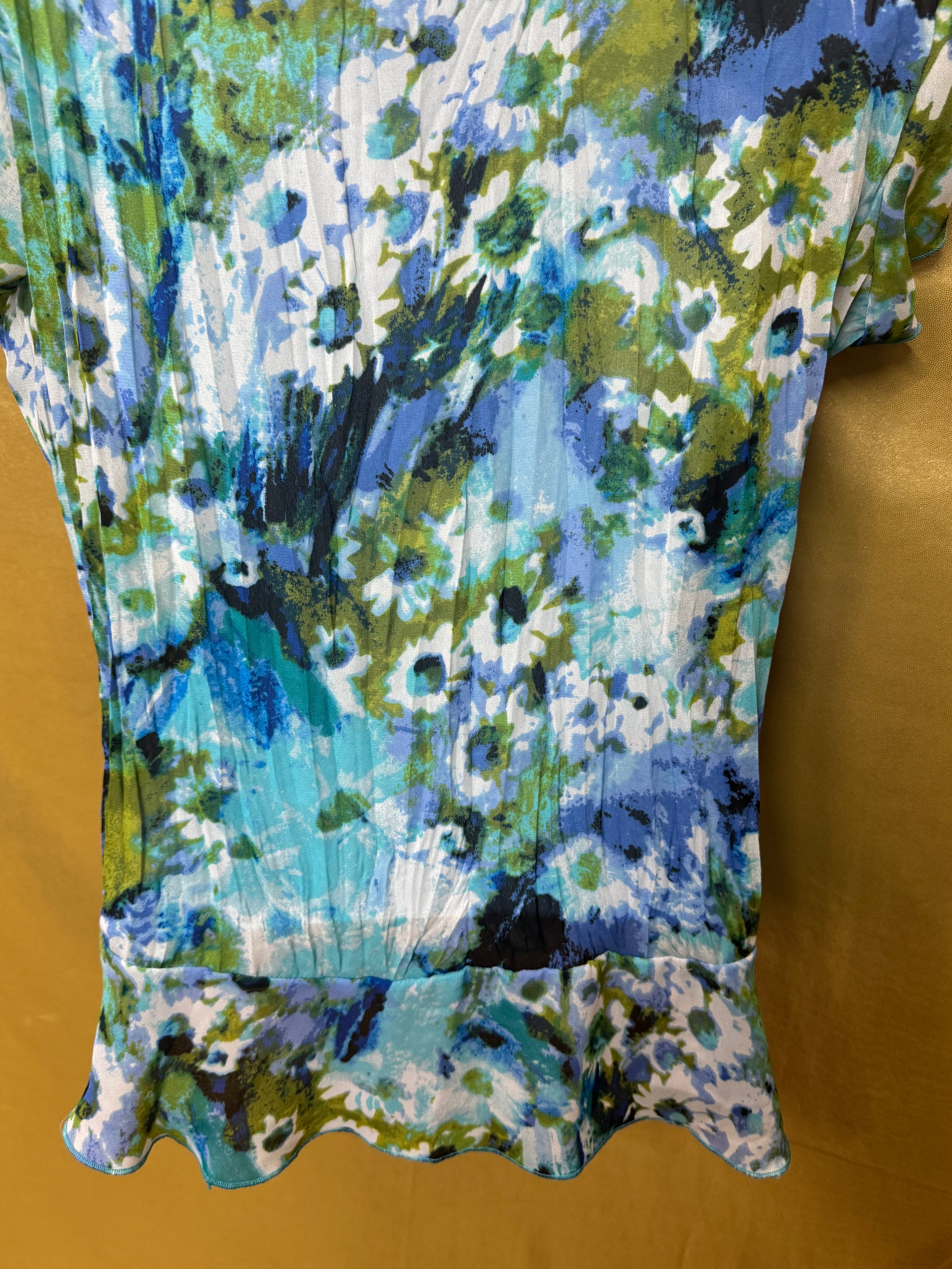 East 5th Blue & Green Floral Ruffle V-Neck Blouse Size Small