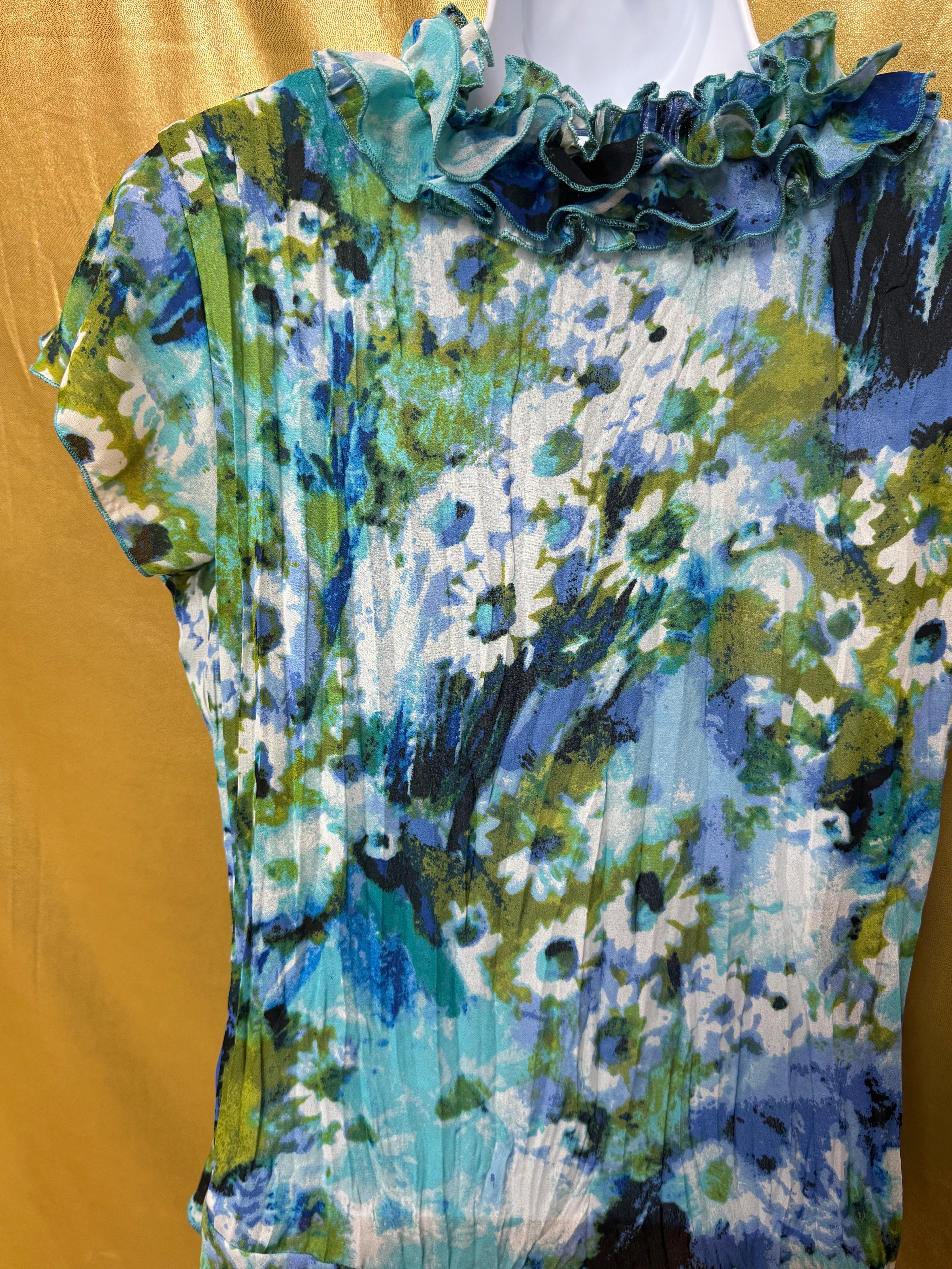 East 5th Blue & Green Floral Ruffle V-Neck Blouse Size Small