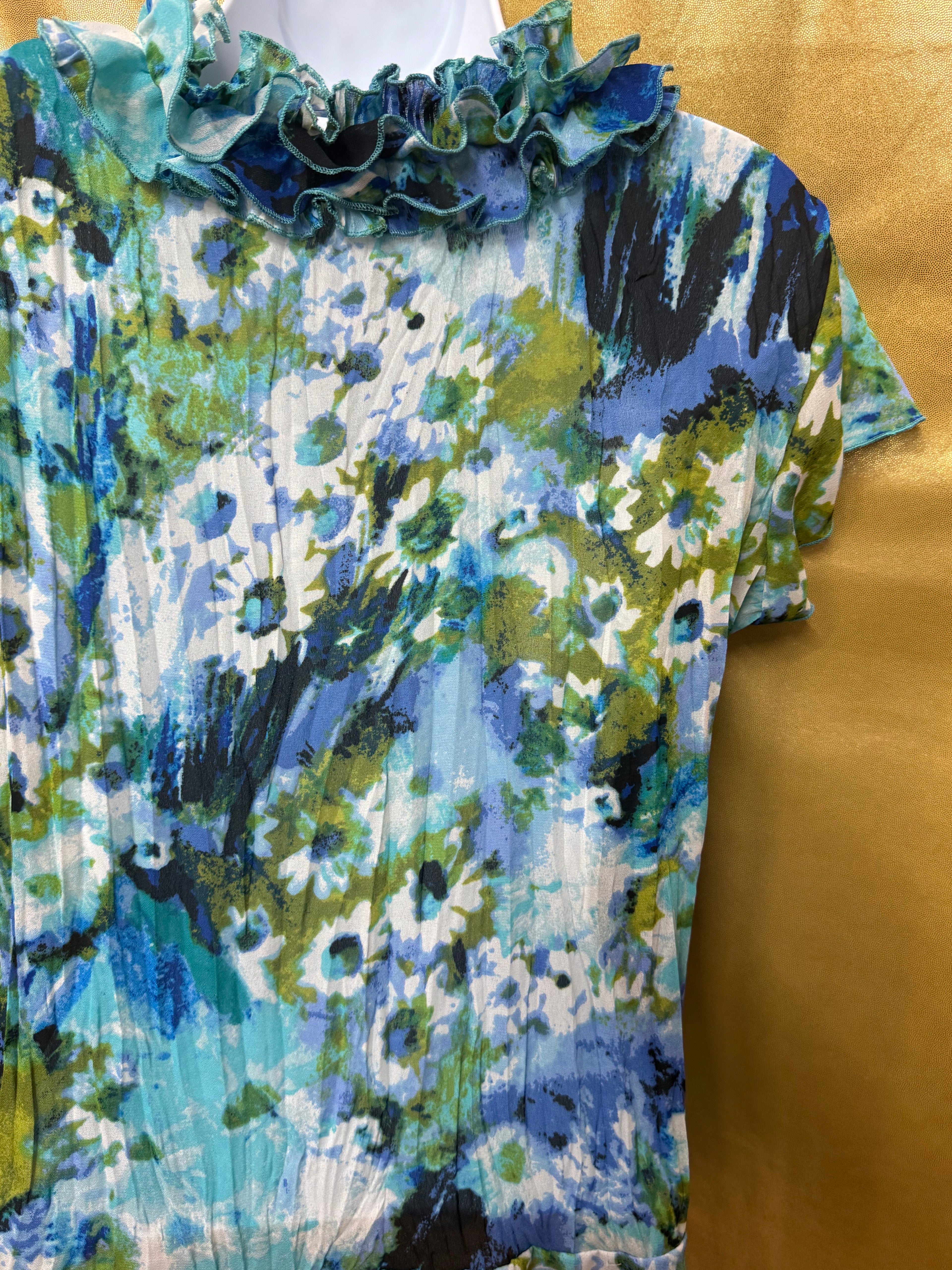 East 5th Blue & Green Floral Ruffle V-Neck Blouse Size Small