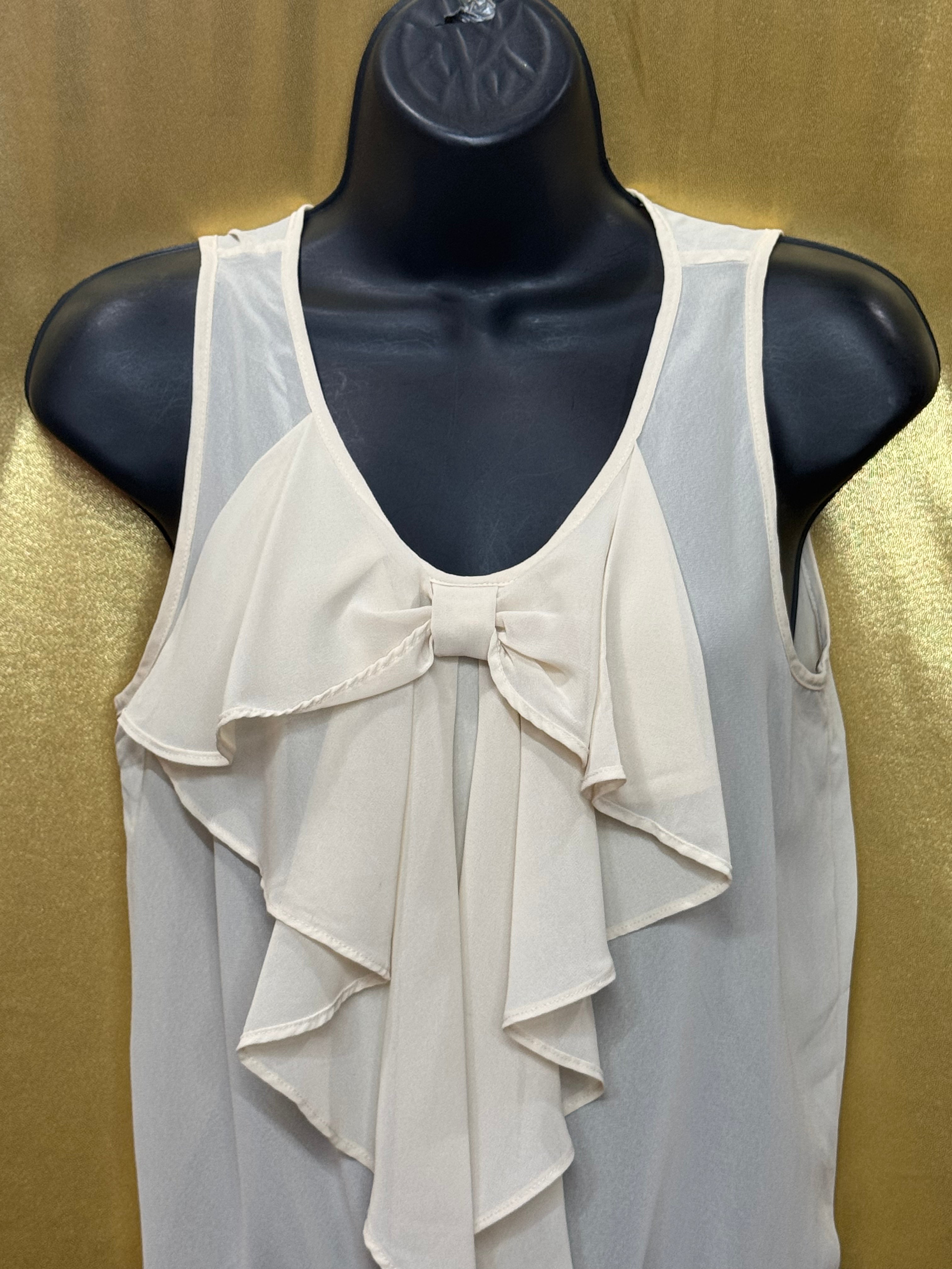 6 Degrees Cream Chiffon Ruffle Bow Bubble Hem Blouse, Size S