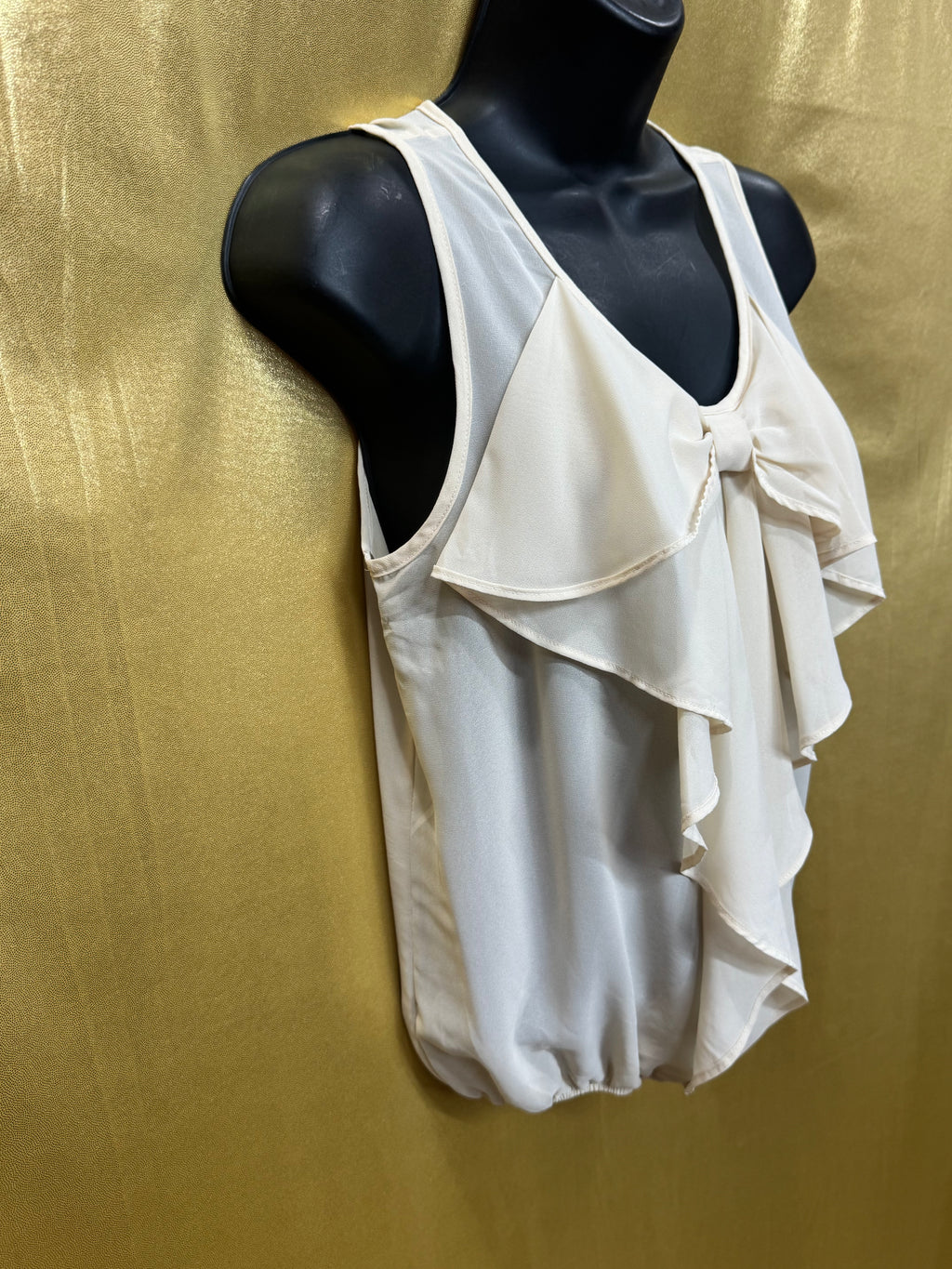 6 Degrees Cream Chiffon Ruffle Bow Bubble Hem Blouse, Size S