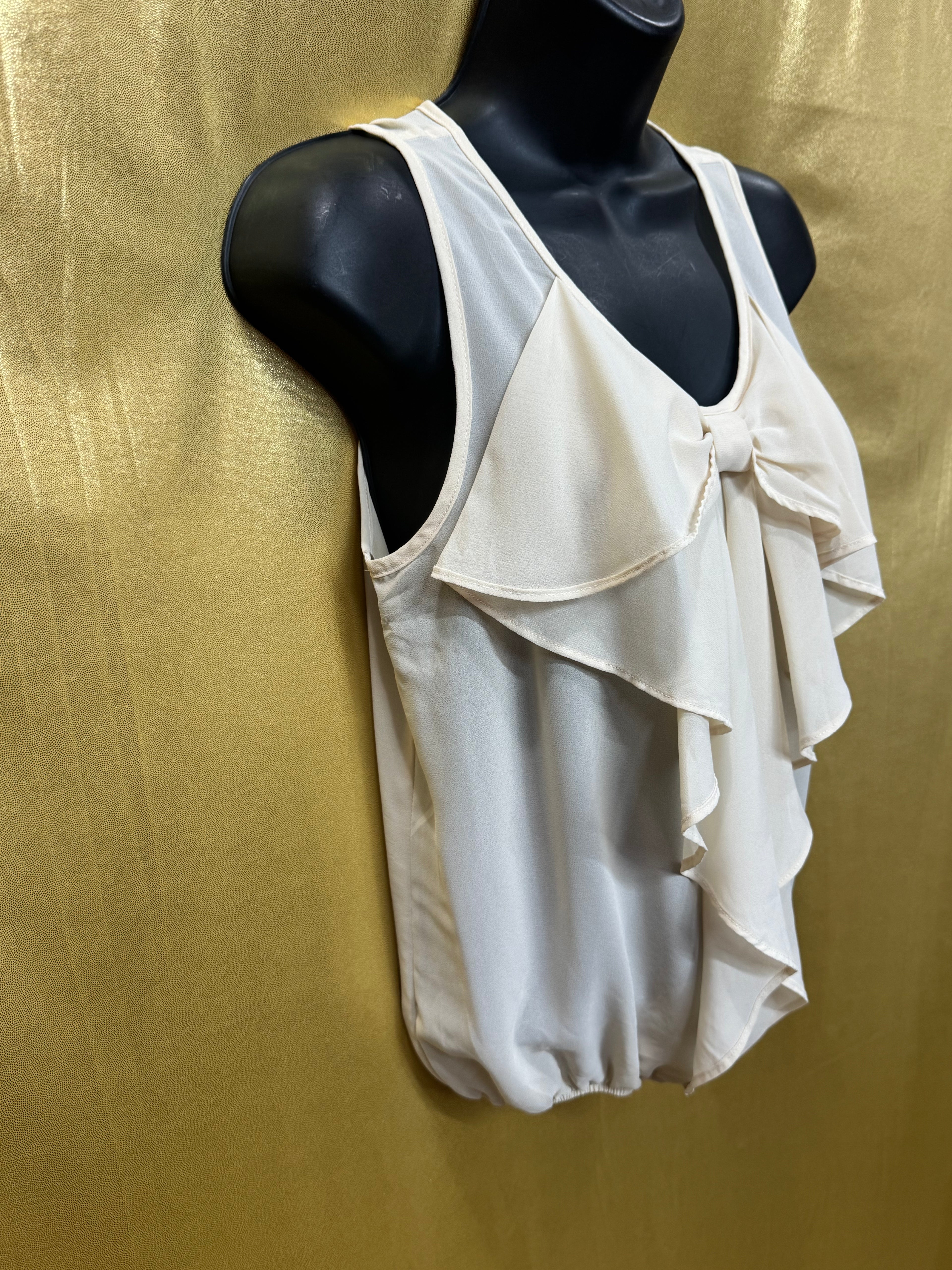 6 Degrees Cream Chiffon Ruffle Bow Bubble Hem Blouse, Size S