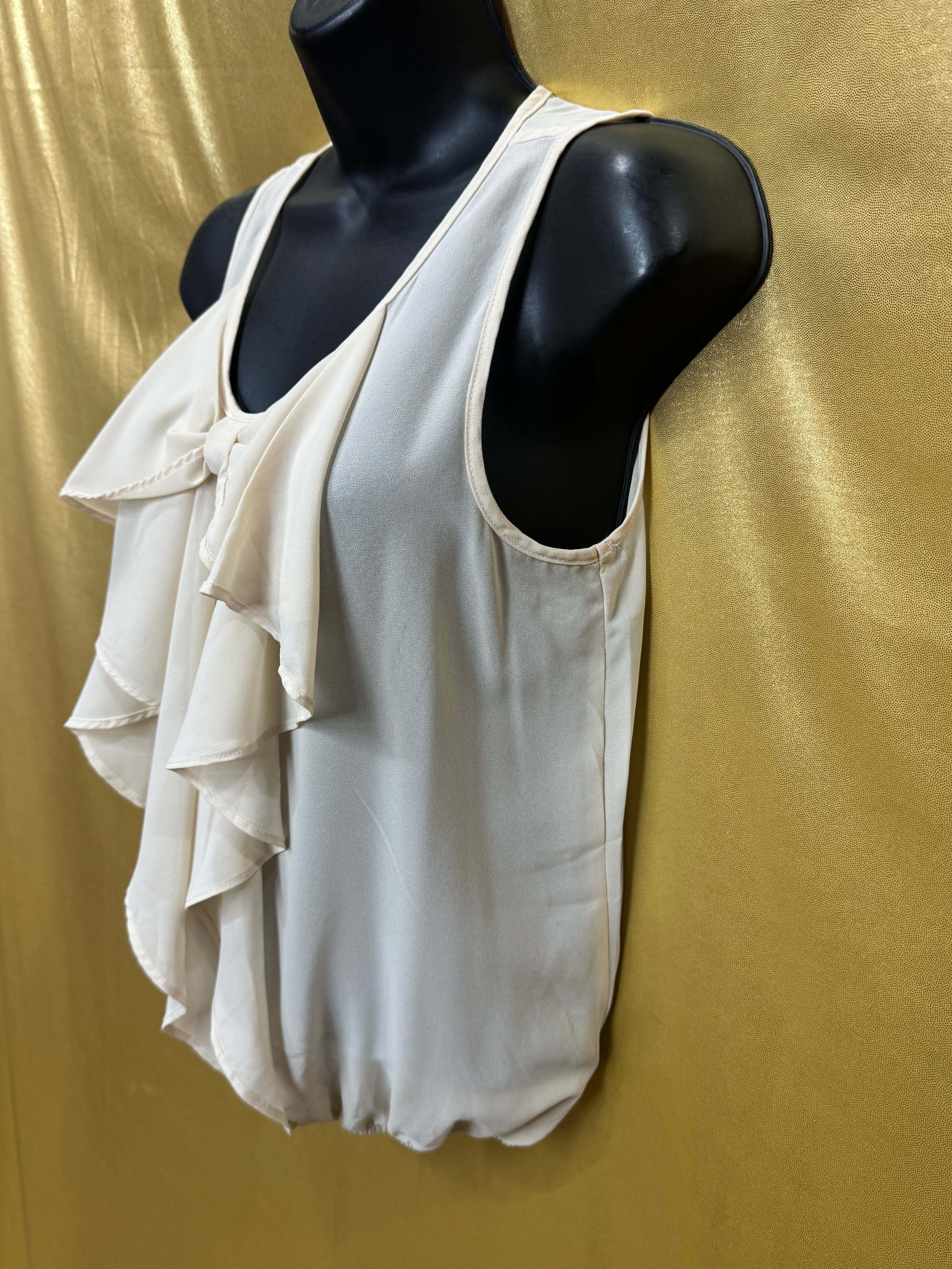 6 Degrees Cream Chiffon Ruffle Bow Bubble Hem Blouse, Size S