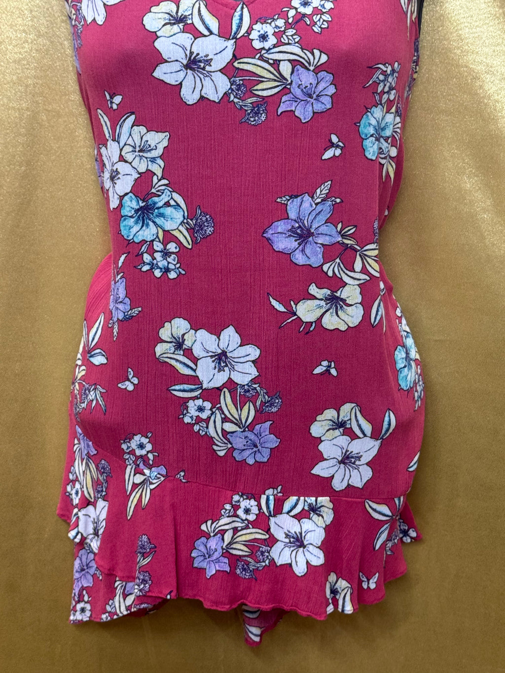 a.n.a A New Approach Floral V-Neck Tank Top Ruffle Hem Pink Size Small
