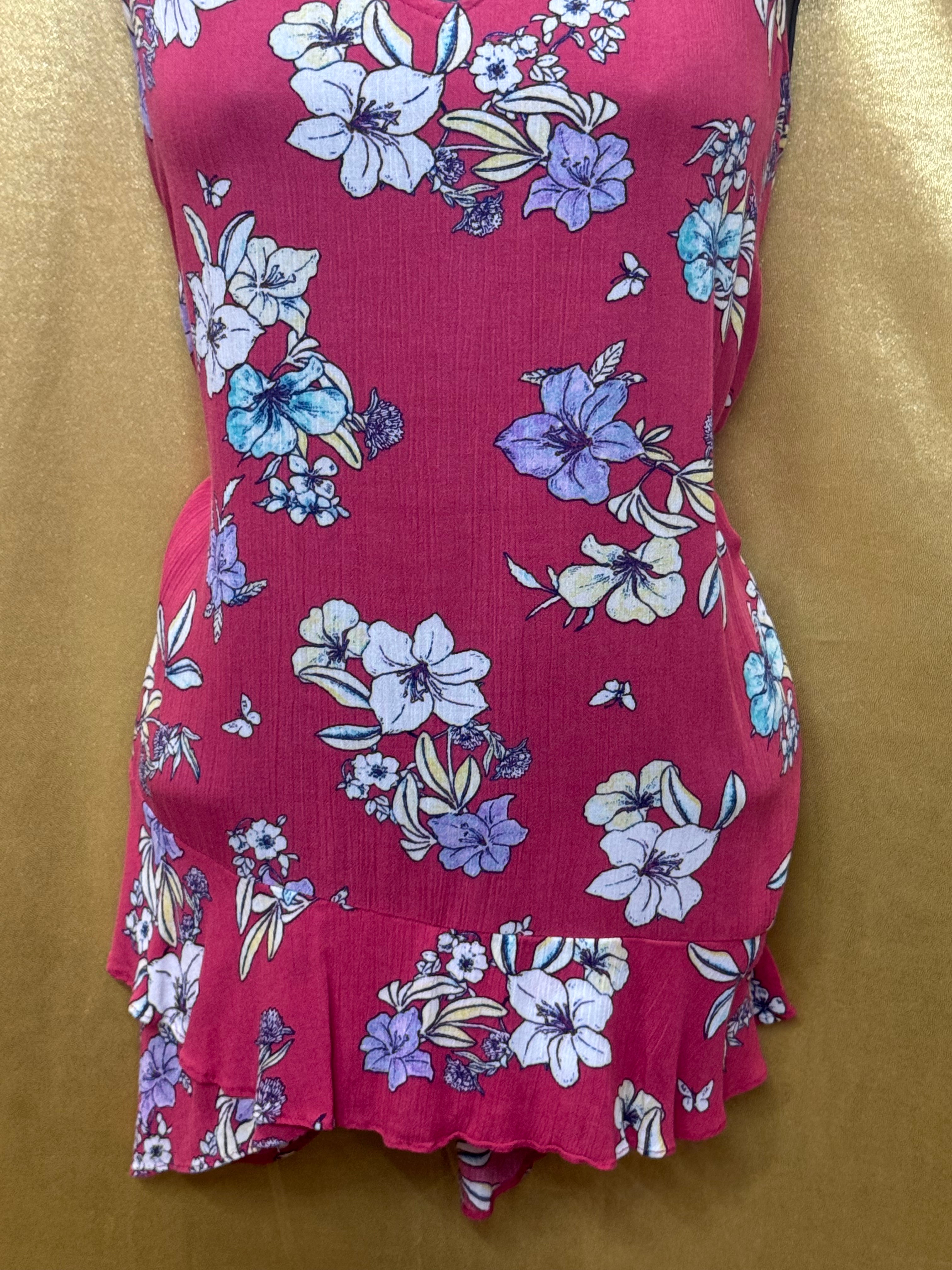 a.n.a A New Approach Floral V-Neck Tank Top Ruffle Hem Pink Size Small