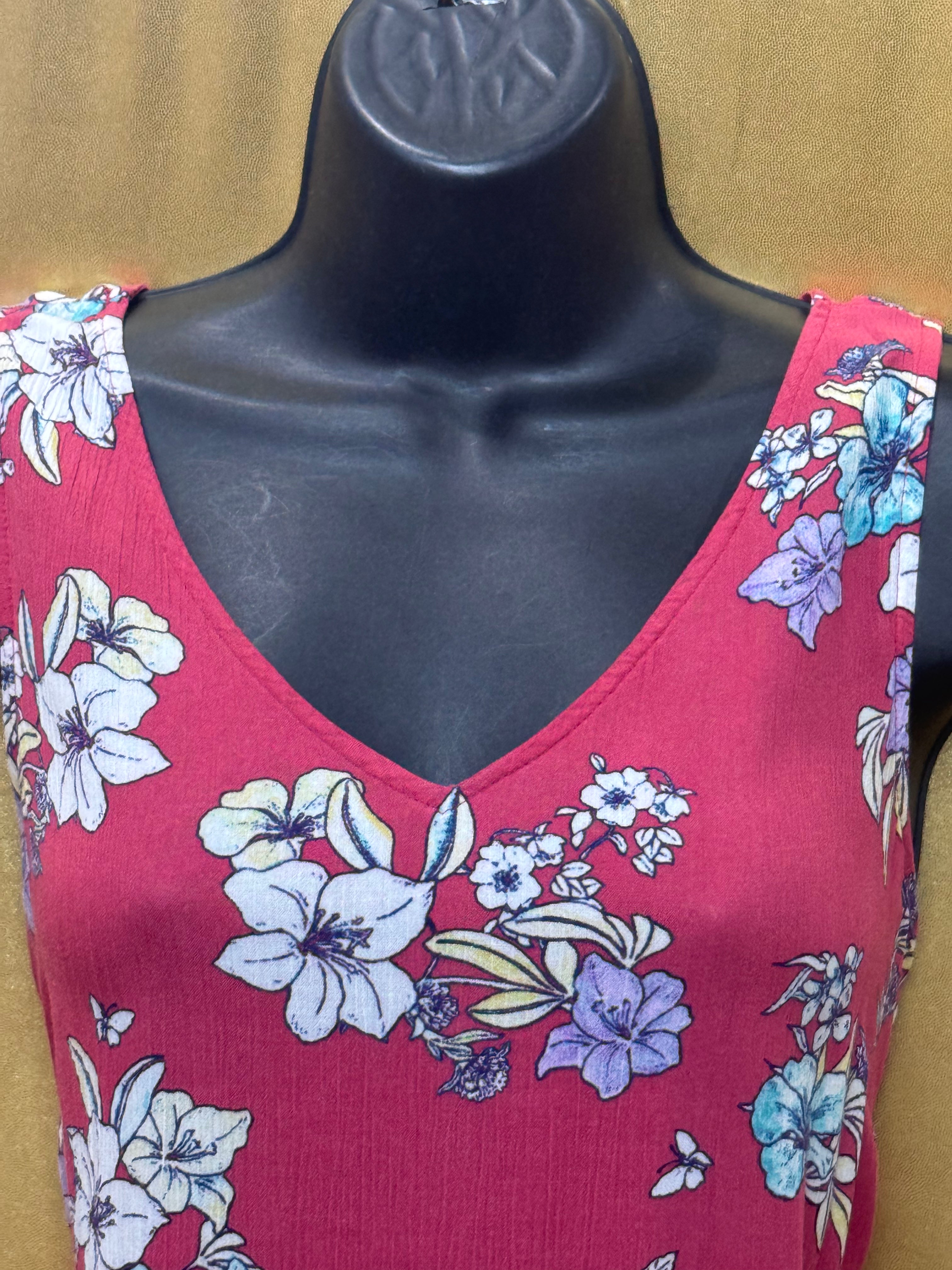 a.n.a A New Approach Floral V-Neck Tank Top Ruffle Hem Pink Size Small