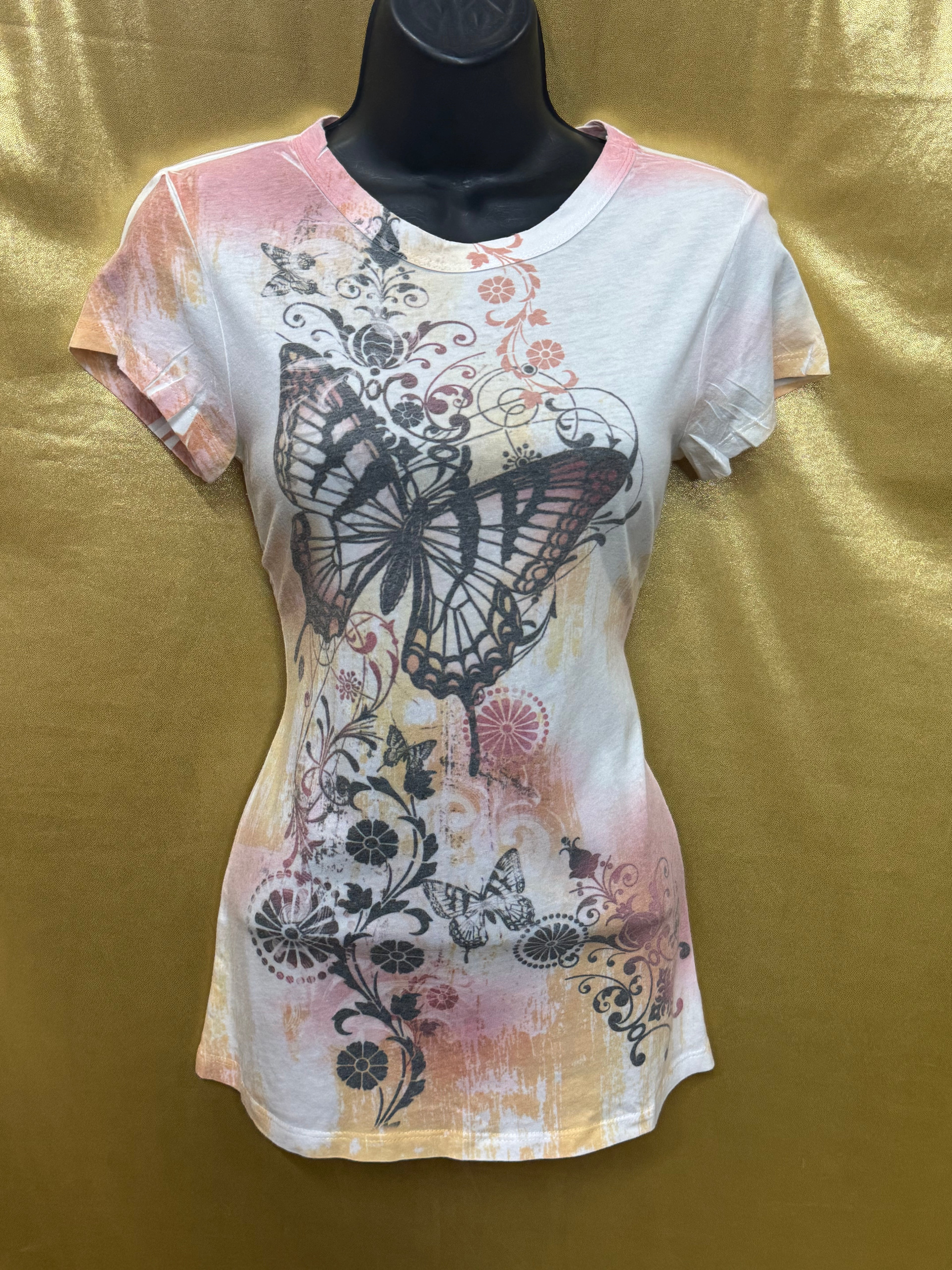 BCG Y2K Butterfly Graphic Tee • Pastel Watercolor Floral Top S
