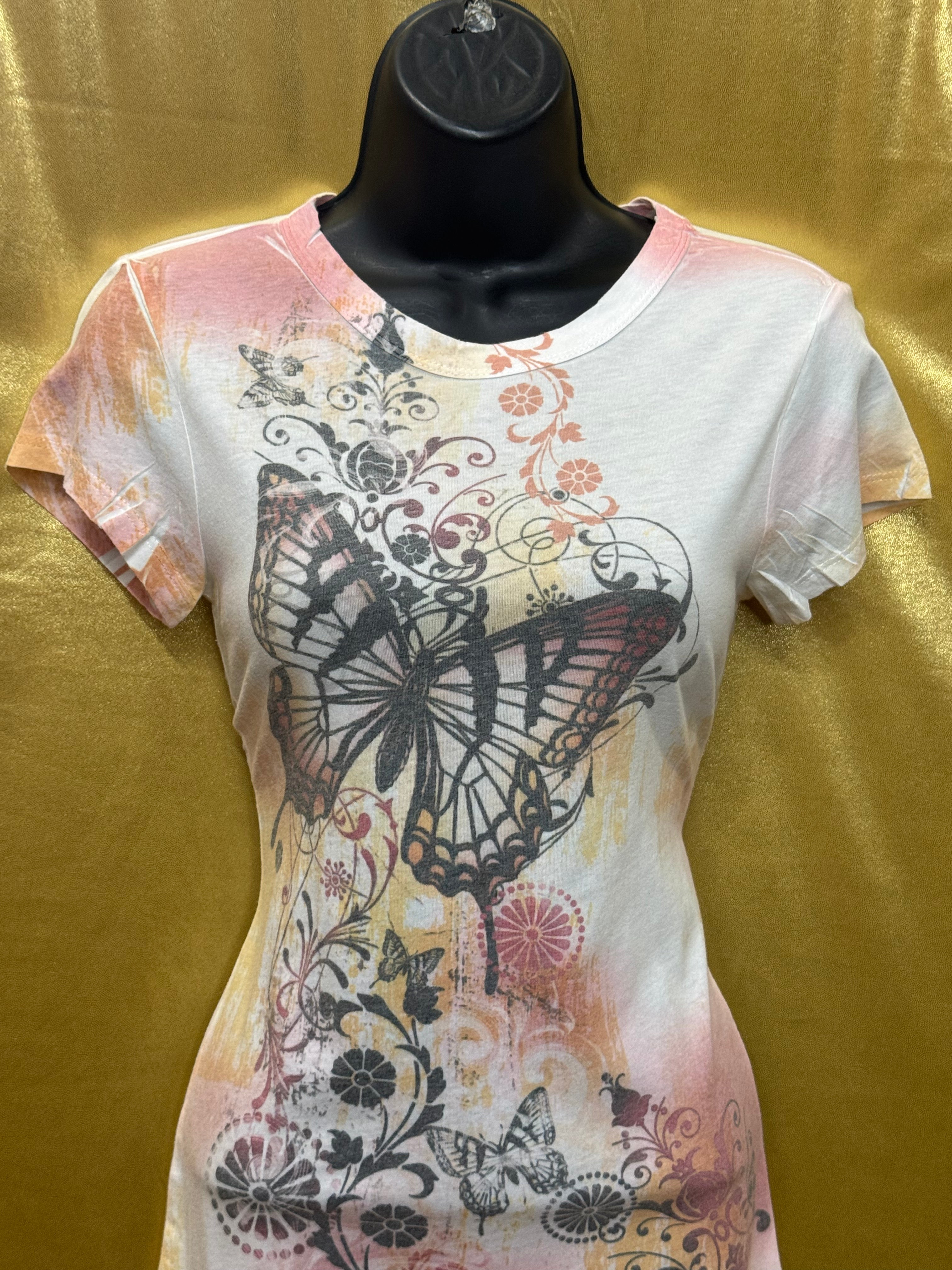 BCG Y2K Butterfly Graphic Tee • Pastel Watercolor Floral Top S