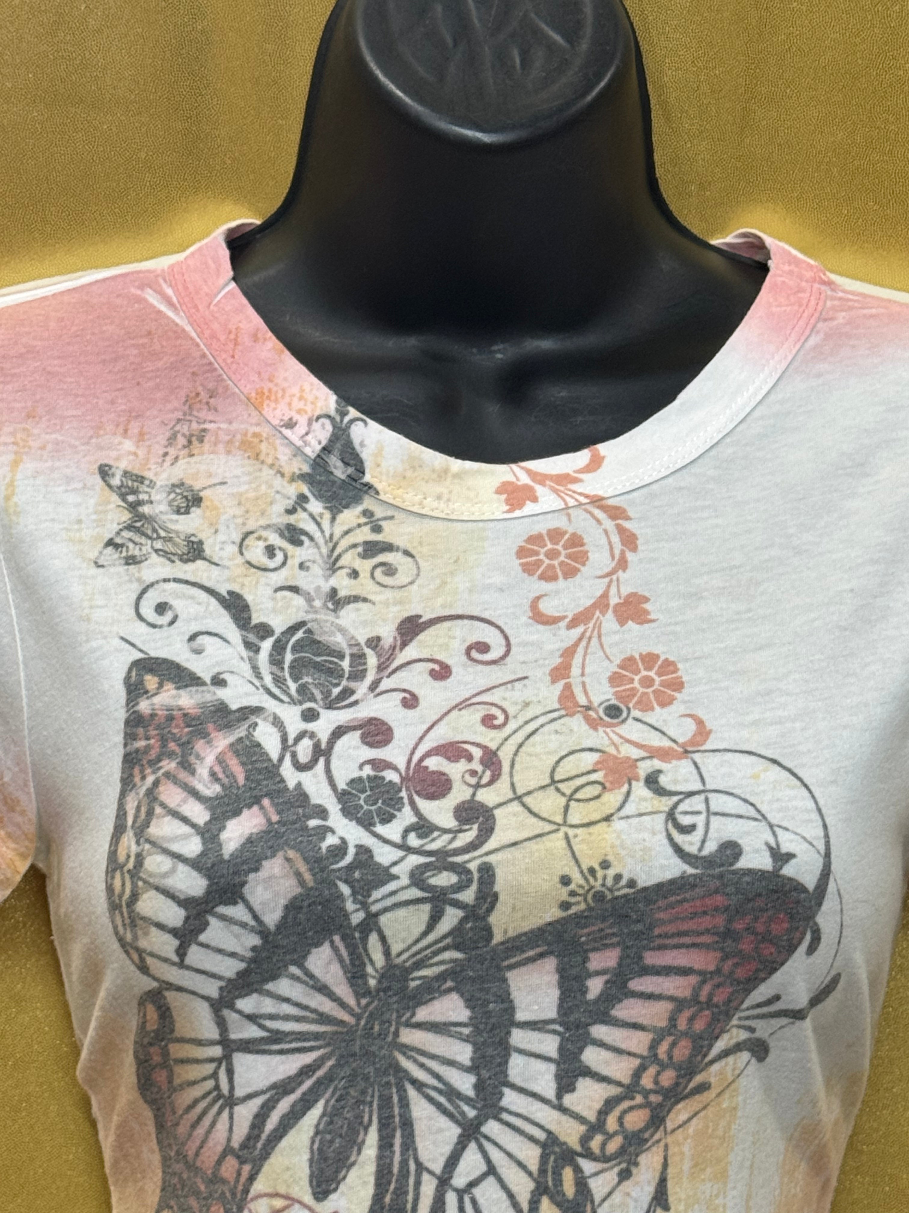 BCG Y2K Butterfly Graphic Tee • Pastel Watercolor Floral Top S
