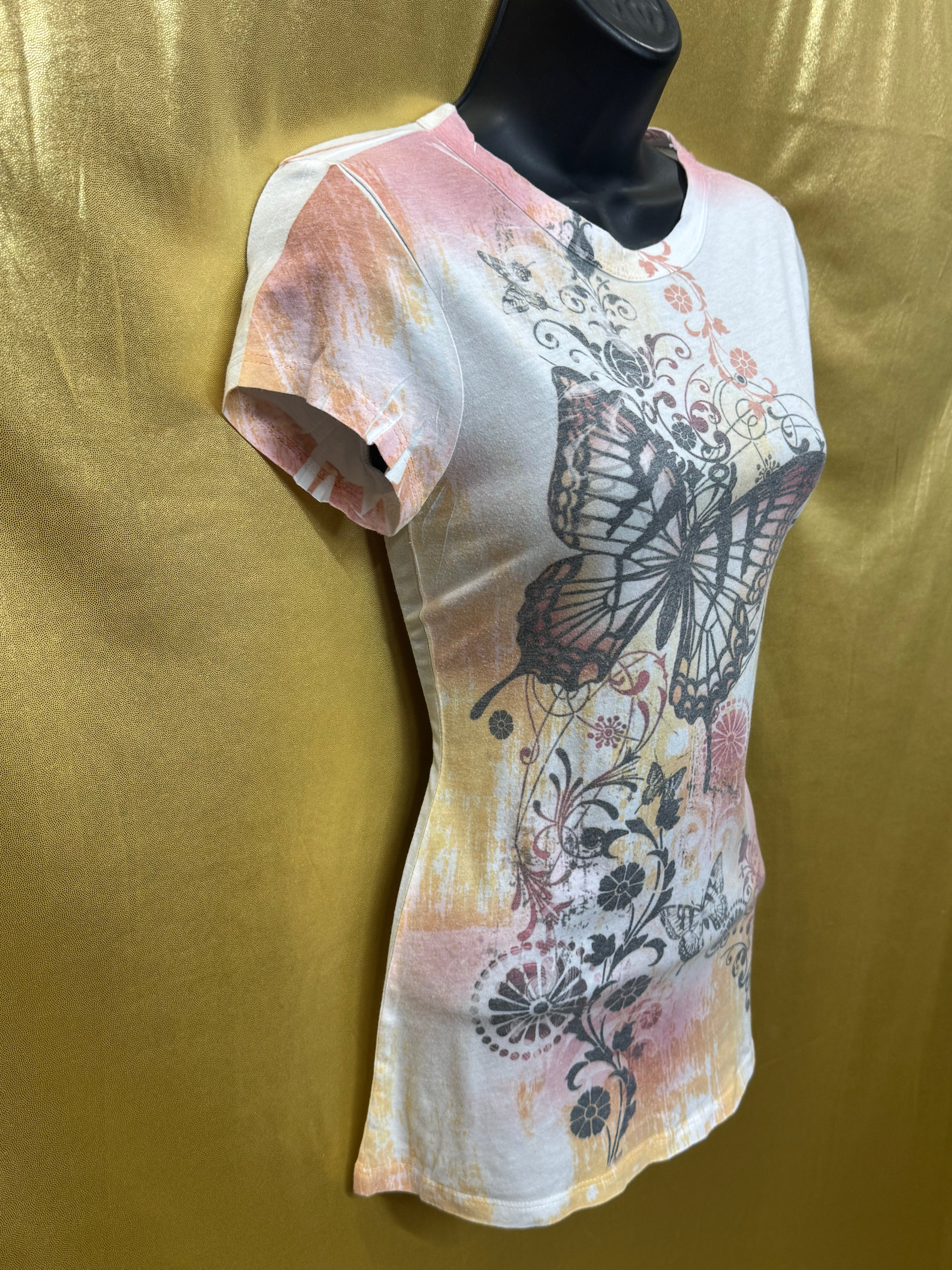BCG Y2K Butterfly Graphic Tee • Pastel Watercolor Floral Top S