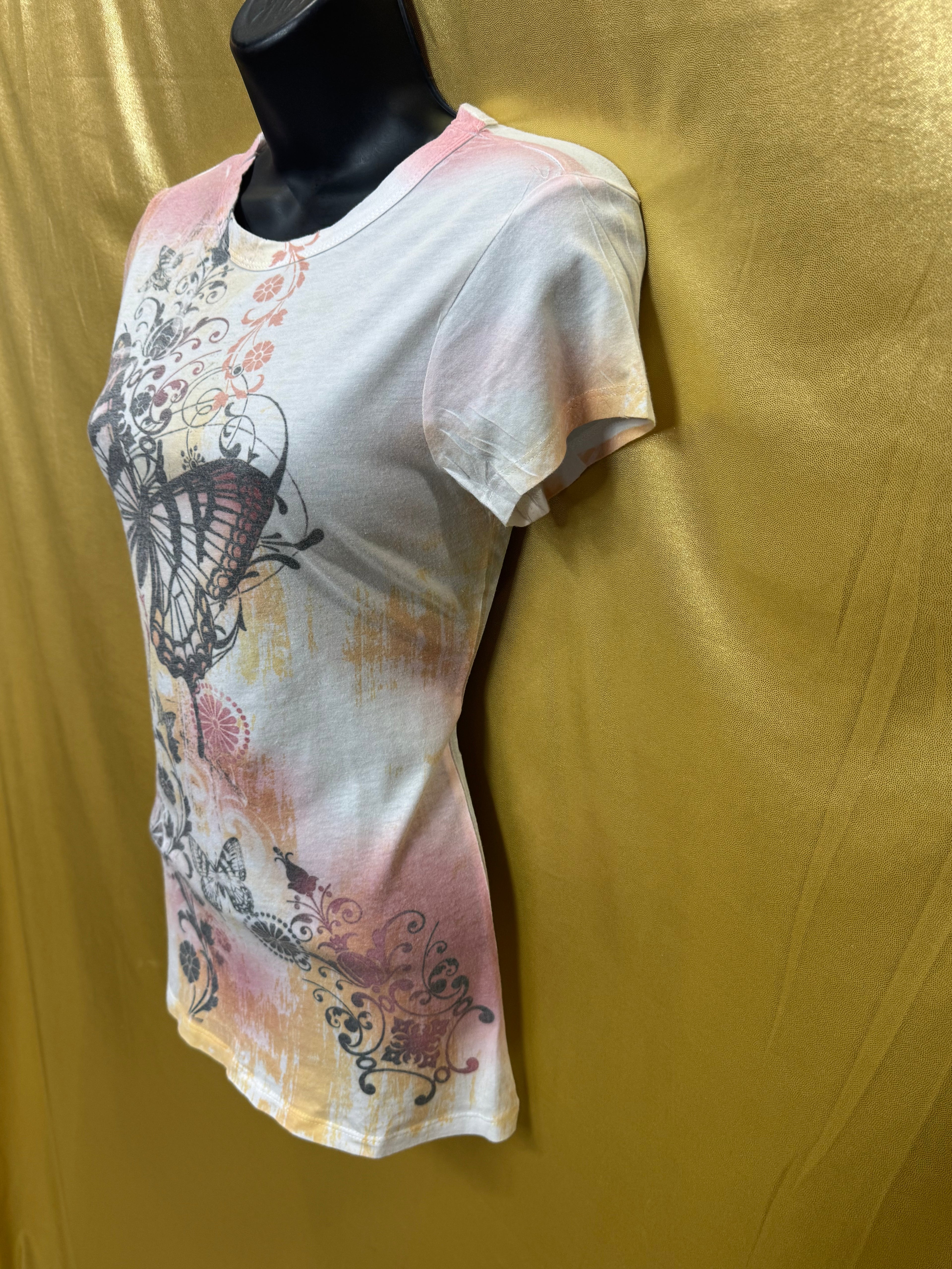 BCG Y2K Butterfly Graphic Tee • Pastel Watercolor Floral Top S