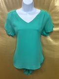 MERAKI Mint Green V-Neck Blouse | Pleated Short Sleeve Top, Size Small