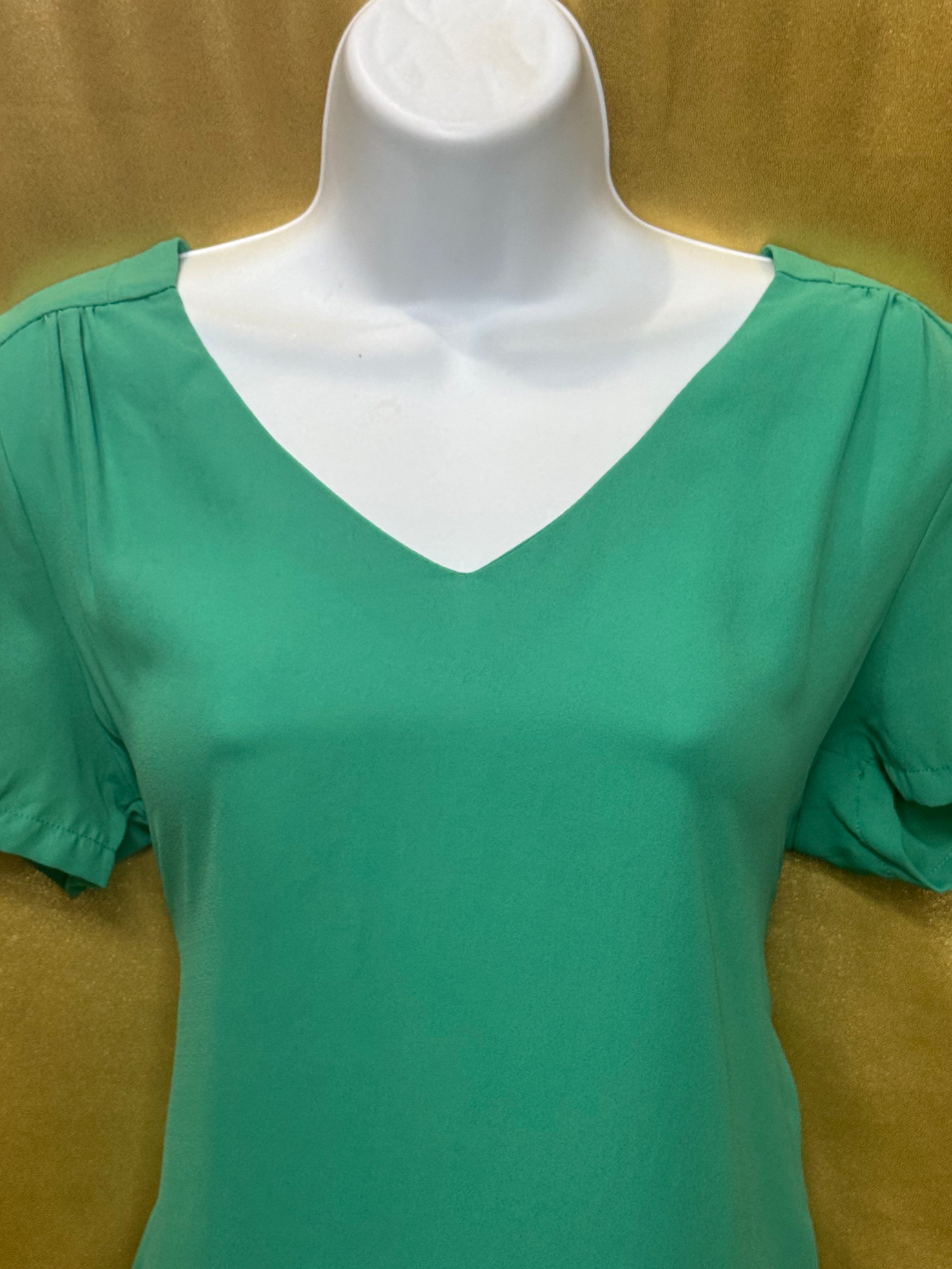 MERAKI Mint Green V-Neck Blouse | Pleated Short Sleeve Top, Size Small