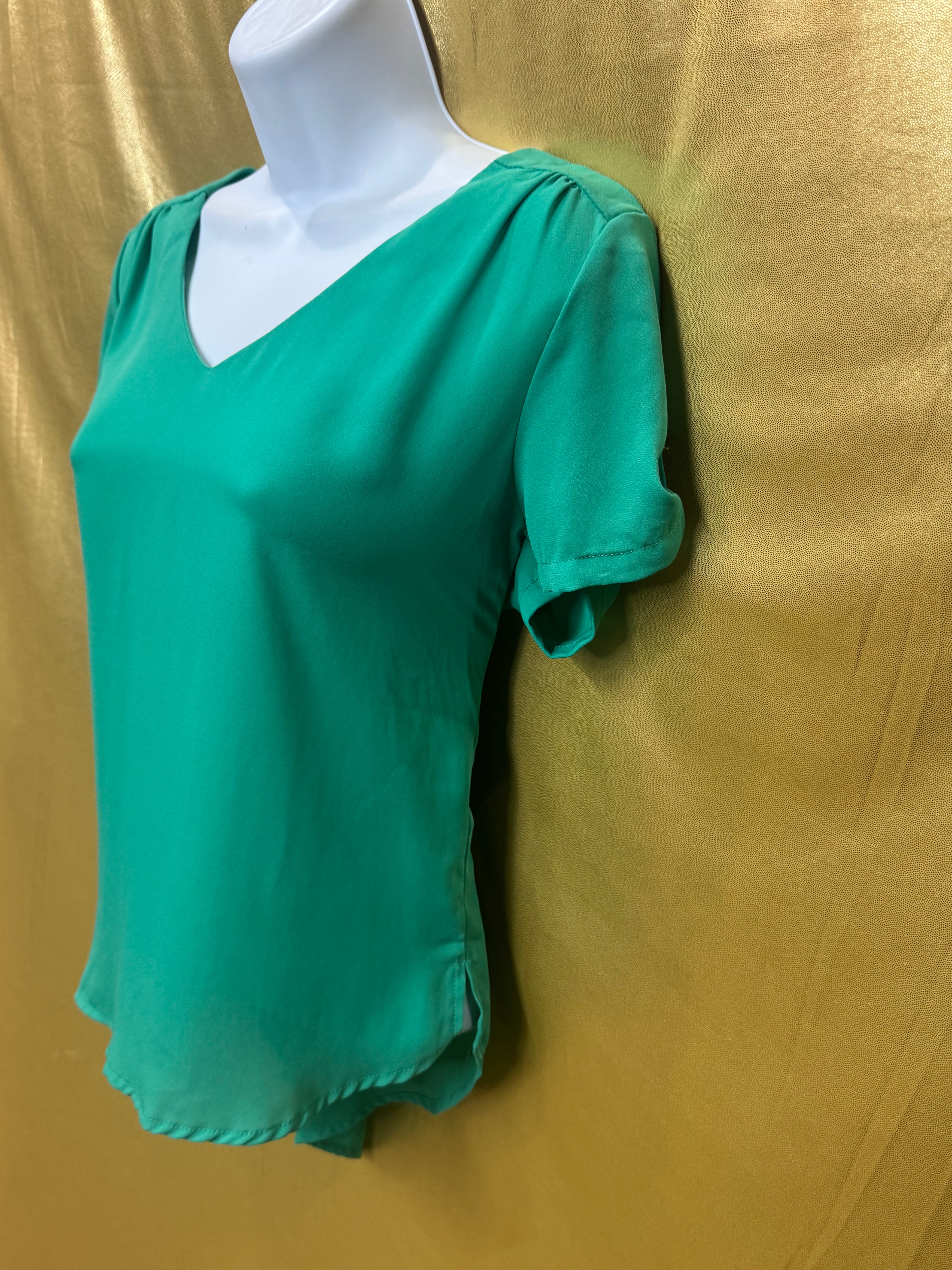 MERAKI Mint Green V-Neck Blouse | Pleated Short Sleeve Top, Size Small