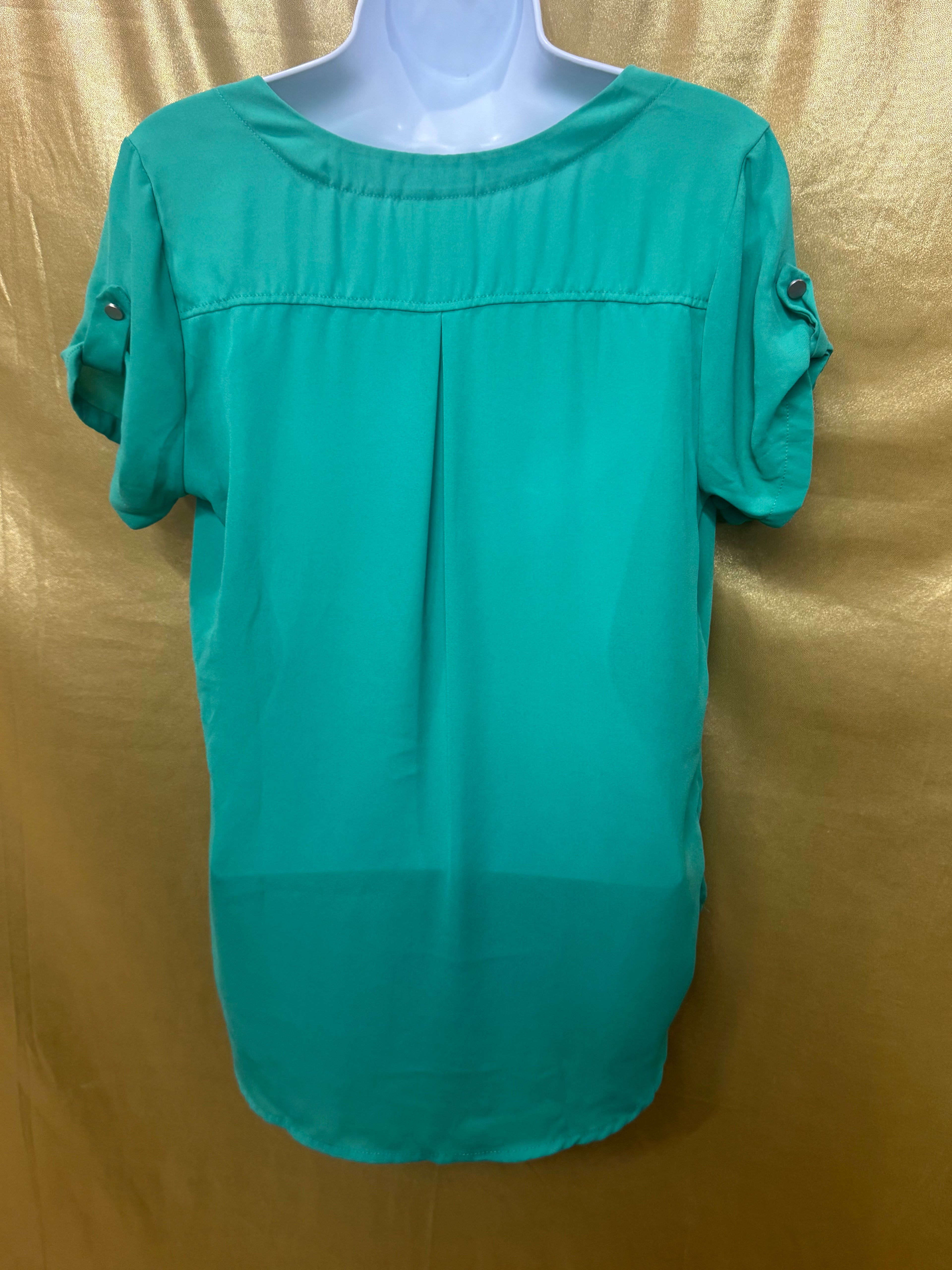 MERAKI Mint Green V-Neck Blouse | Pleated Short Sleeve Top, Size Small