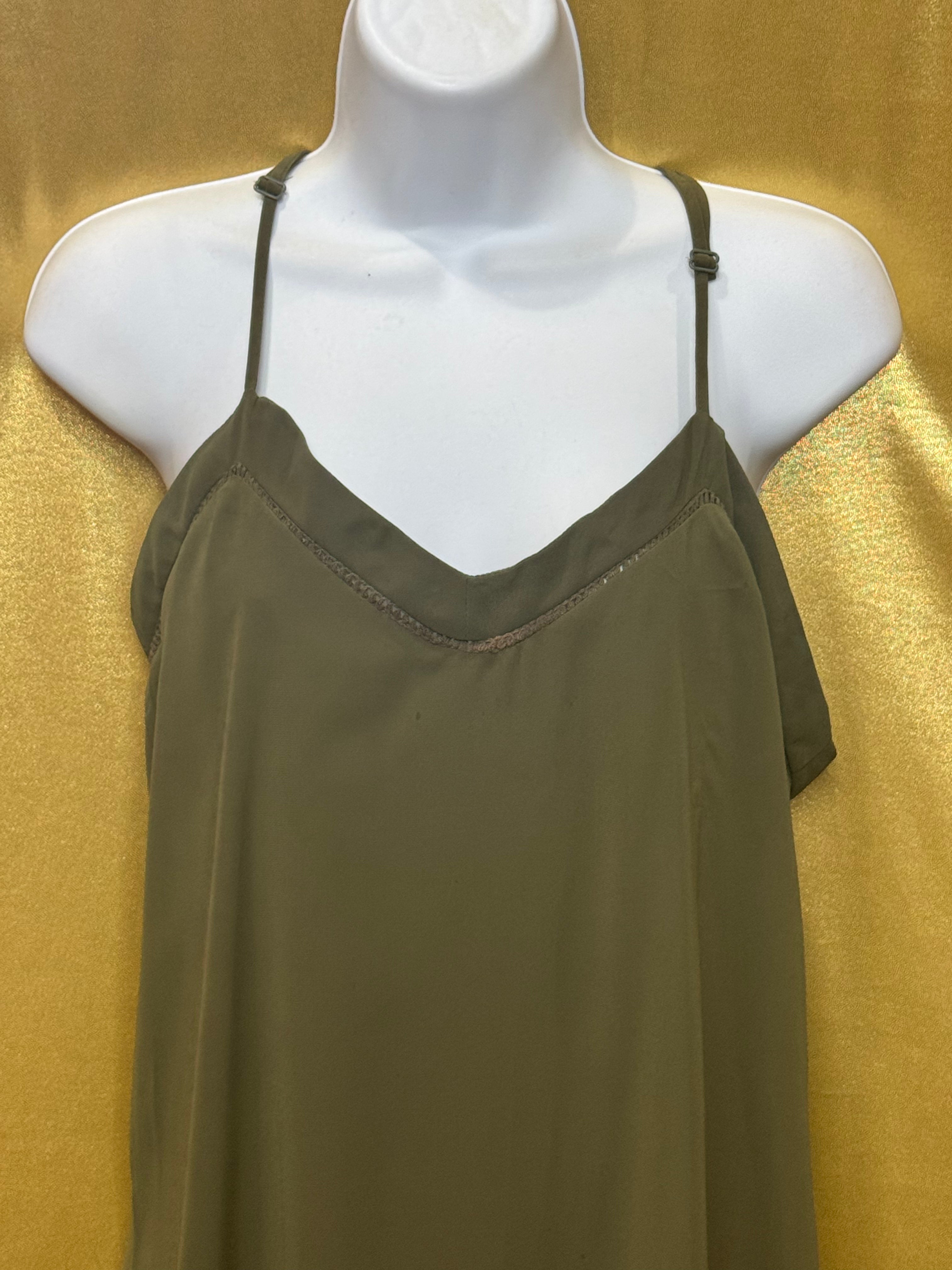JAPNA Olive Green Layered Cami Tank Top | Sheer Mesh Trim | Size S