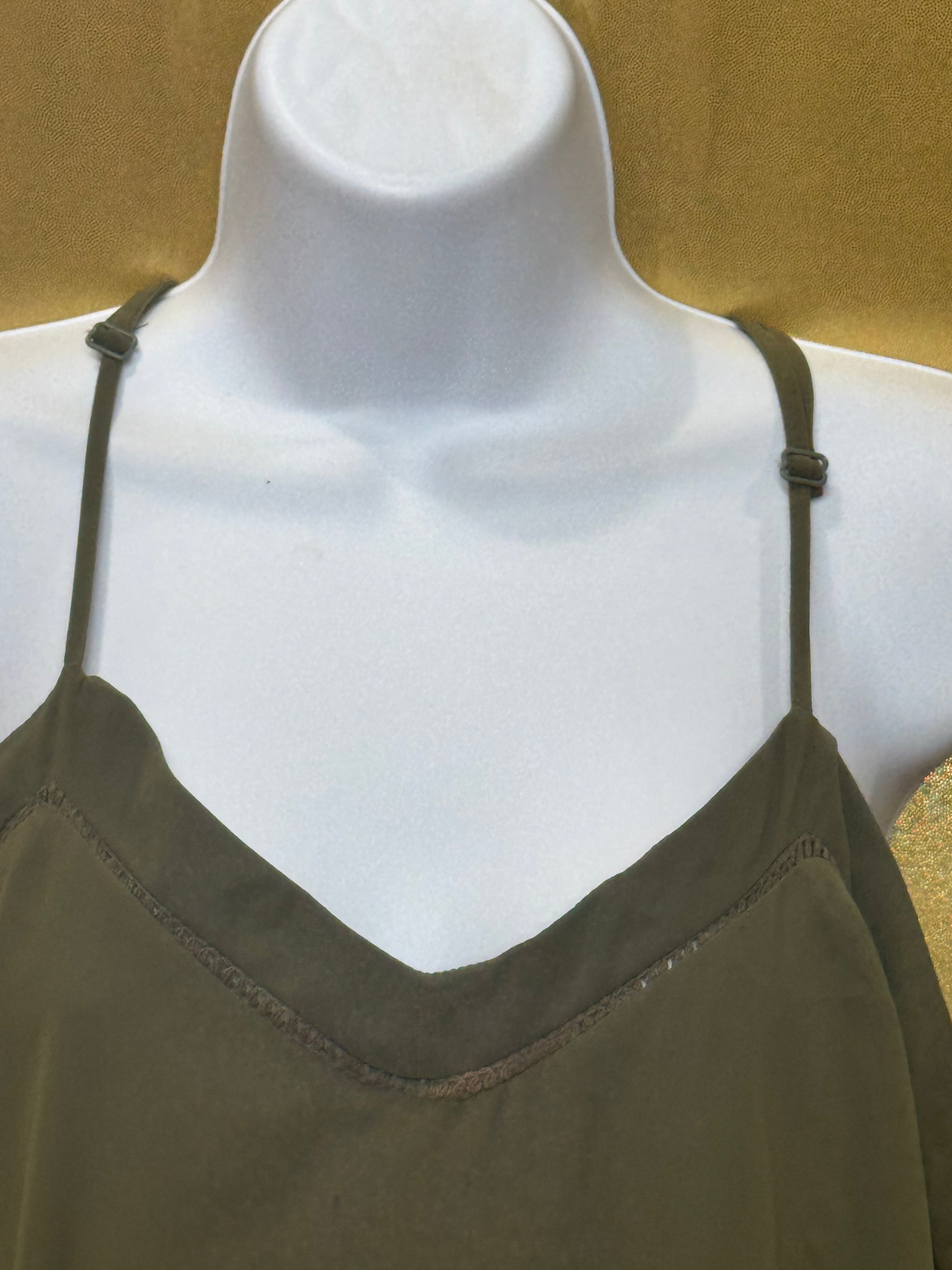 JAPNA Olive Green Layered Cami Tank Top | Sheer Mesh Trim | Size S