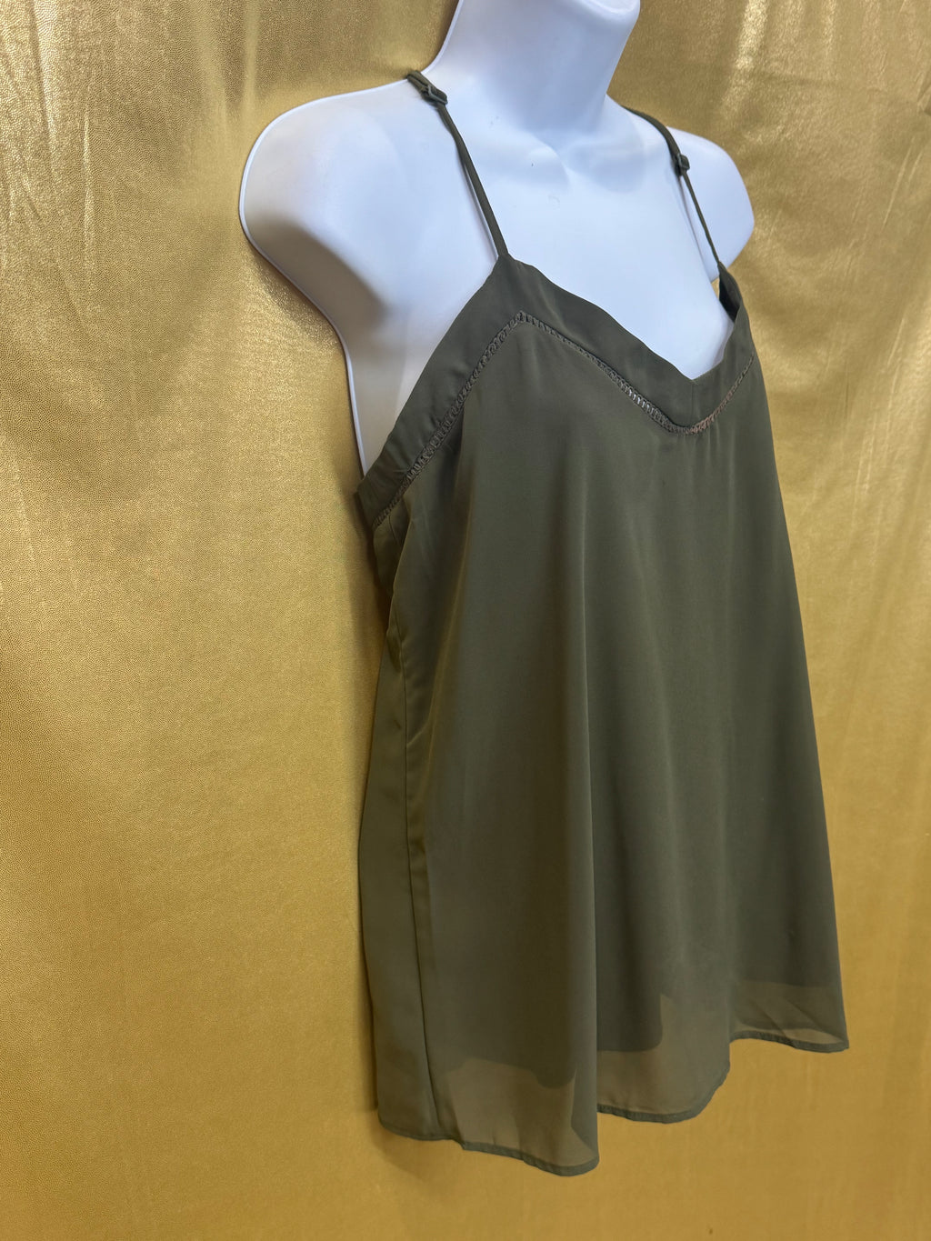 JAPNA Olive Green Layered Cami Tank Top | Sheer Mesh Trim | Size S