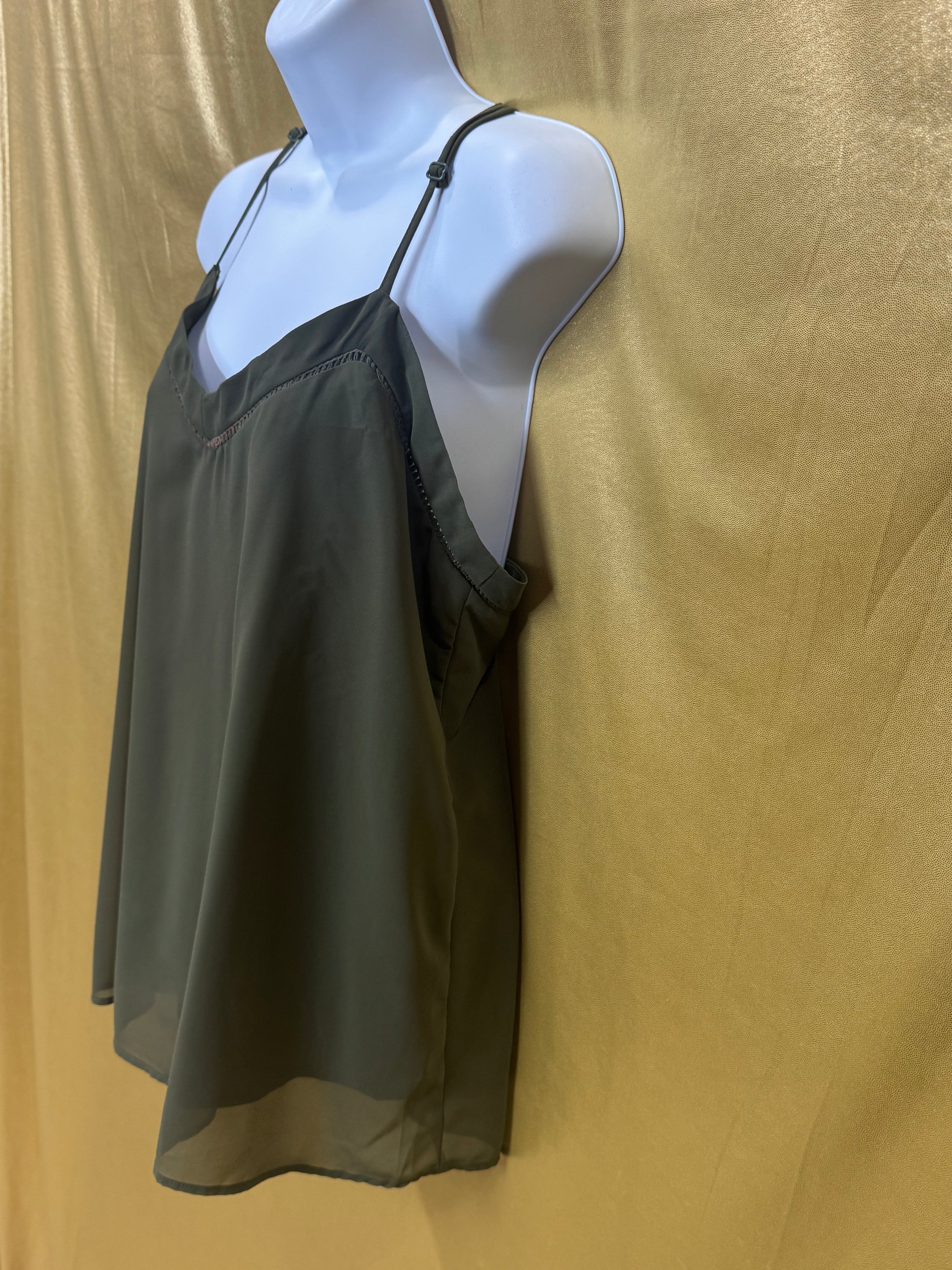 JAPNA Olive Green Layered Cami Tank Top | Sheer Mesh Trim | Size S