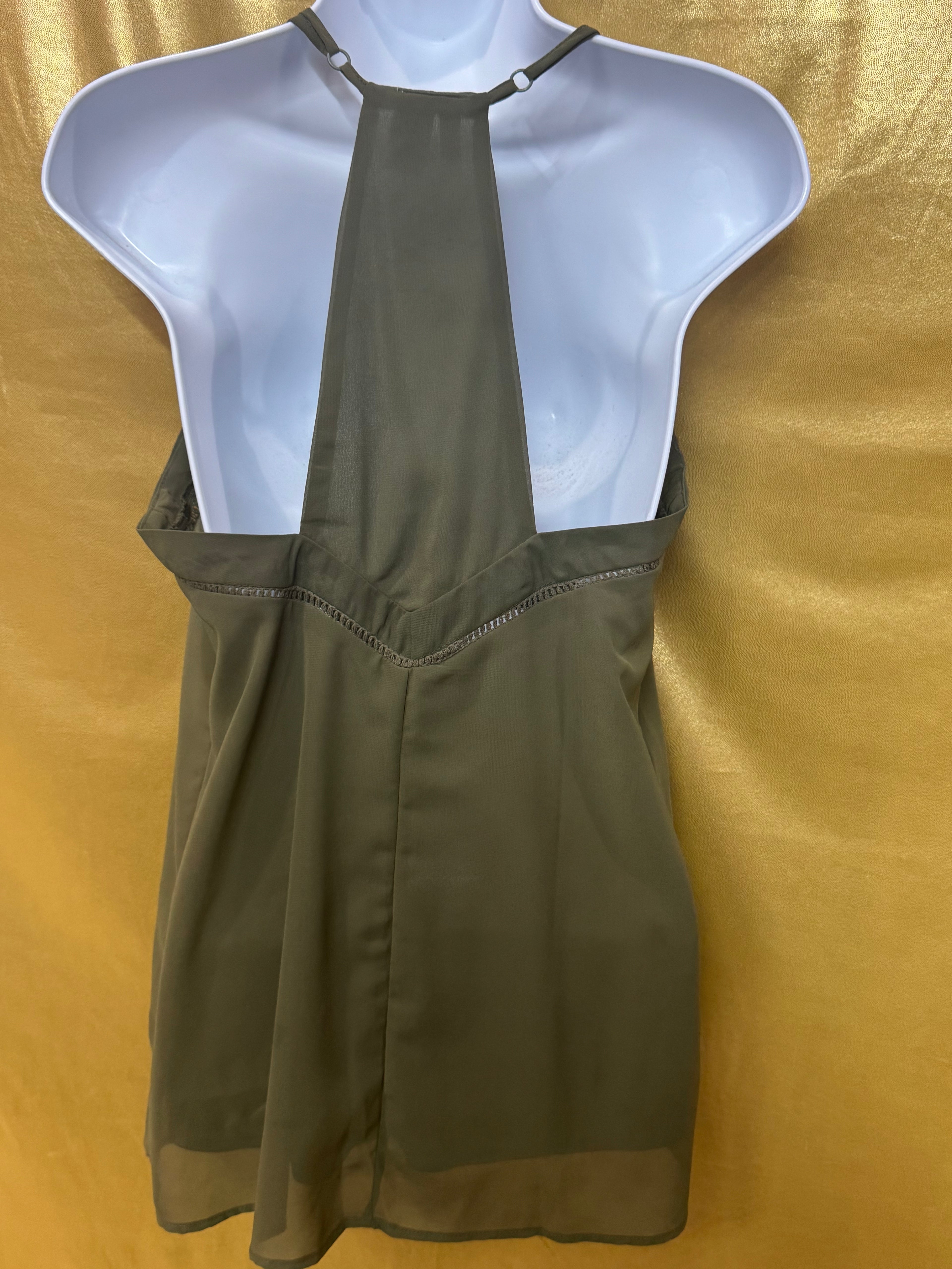 JAPNA Olive Green Layered Cami Tank Top | Sheer Mesh Trim | Size S