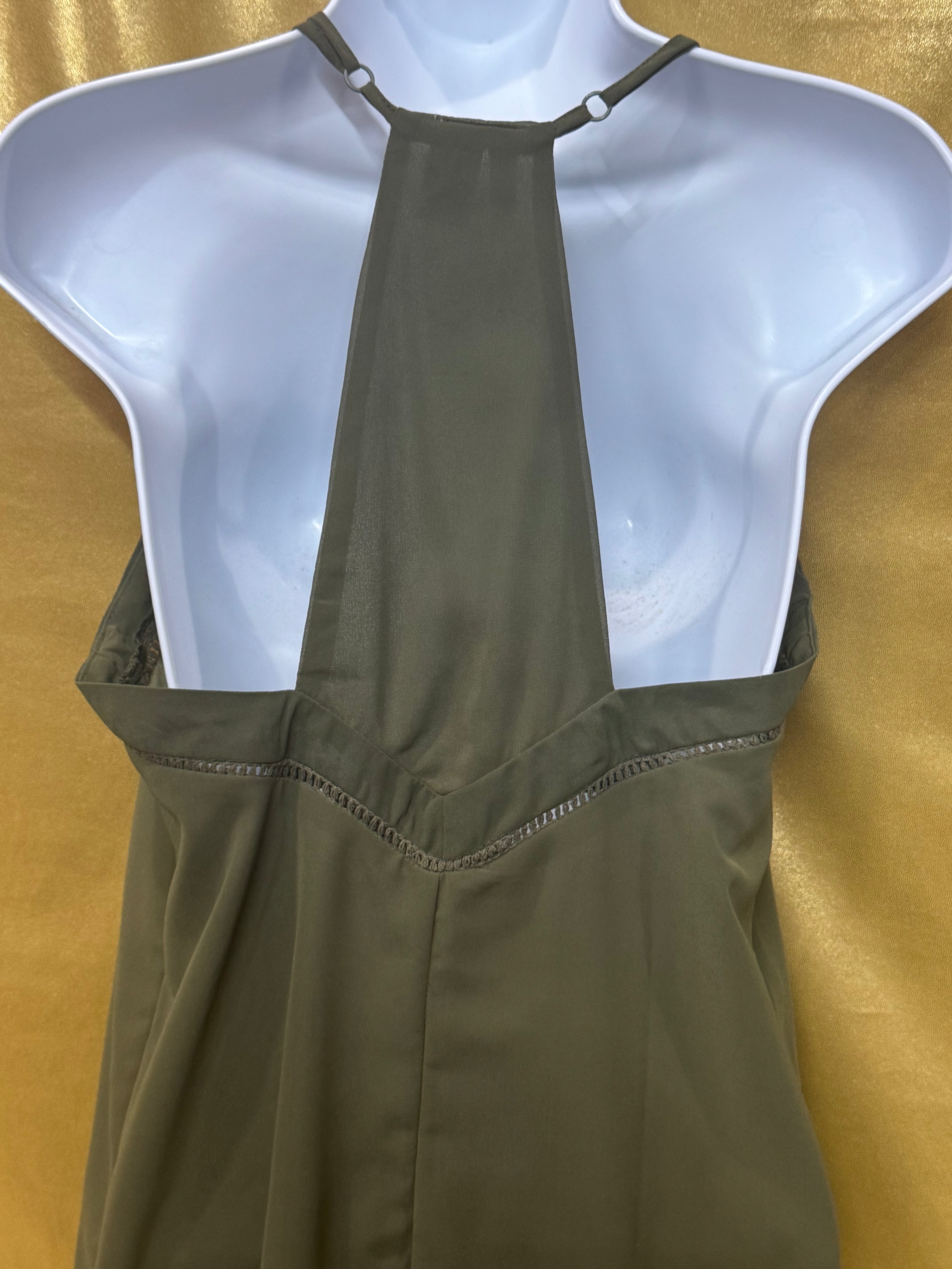 JAPNA Olive Green Layered Cami Tank Top | Sheer Mesh Trim | Size S
