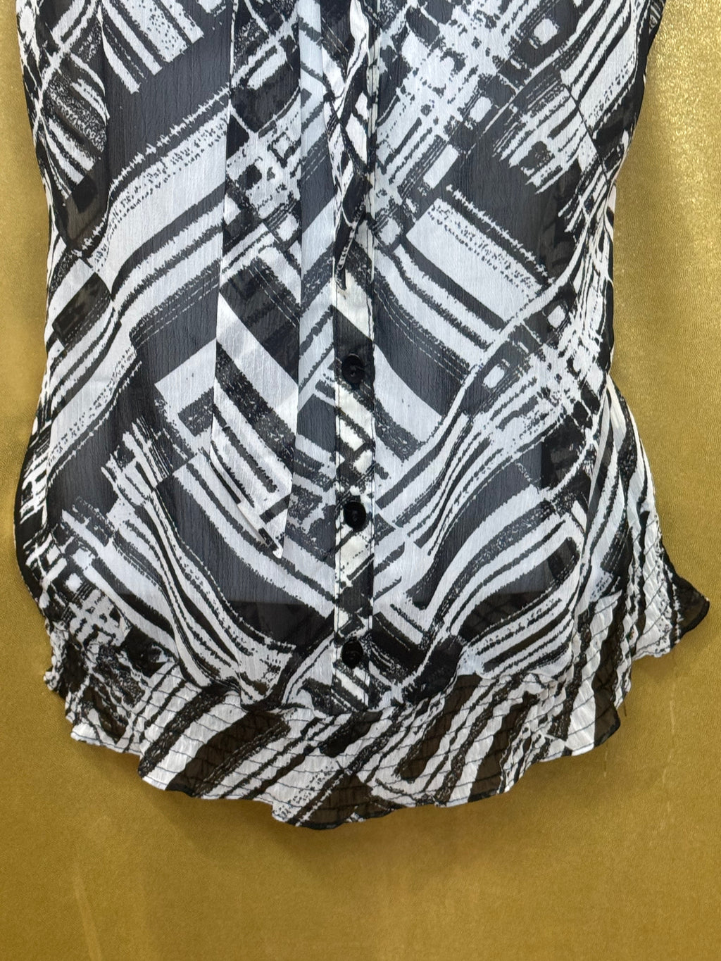Madison Abstract Graphic Tie-Neck Blouse | Black & White Cap Sleeve Top, Size S