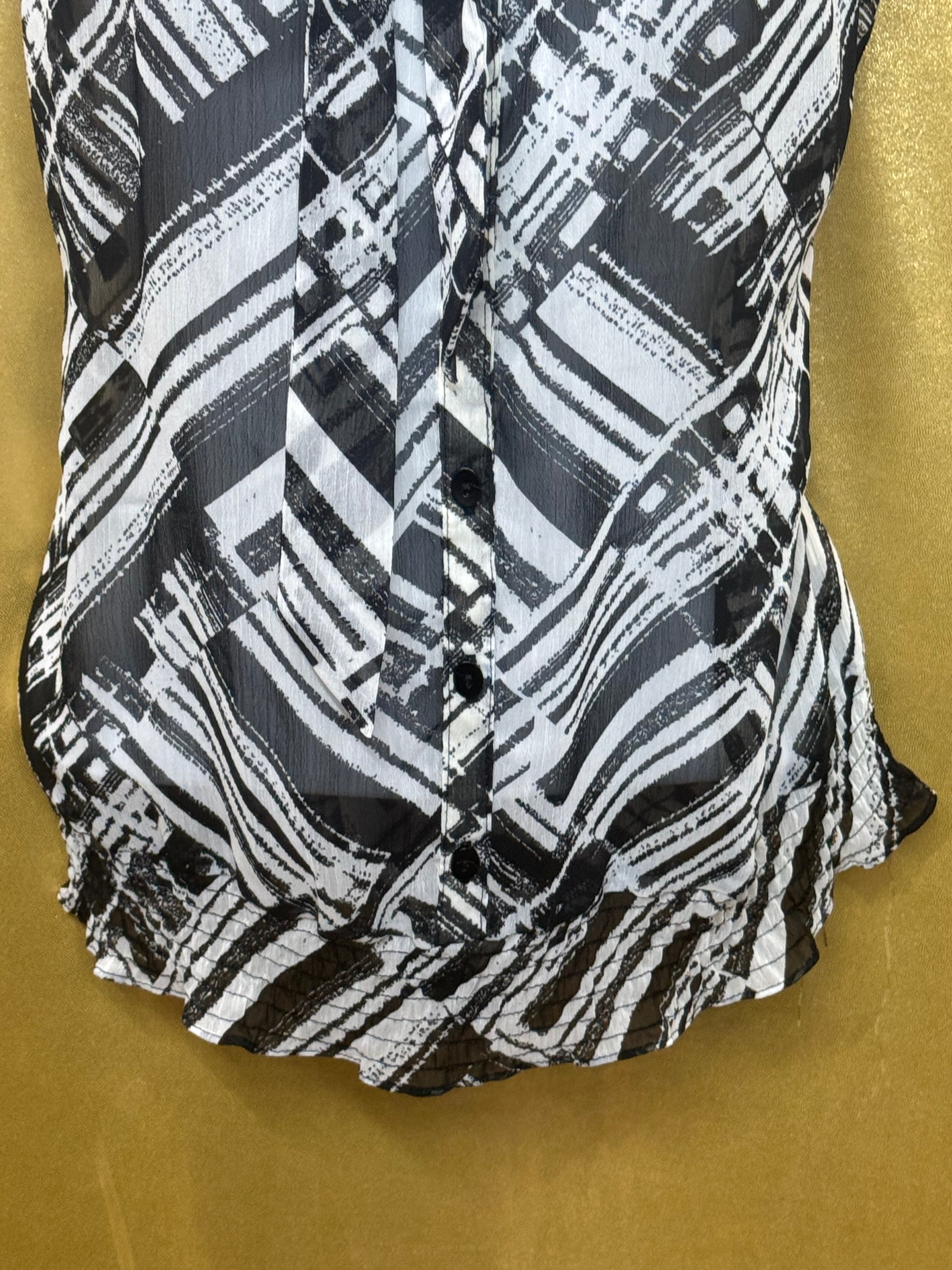 Madison Abstract Graphic Tie-Neck Blouse | Black & White Cap Sleeve Top, Size S