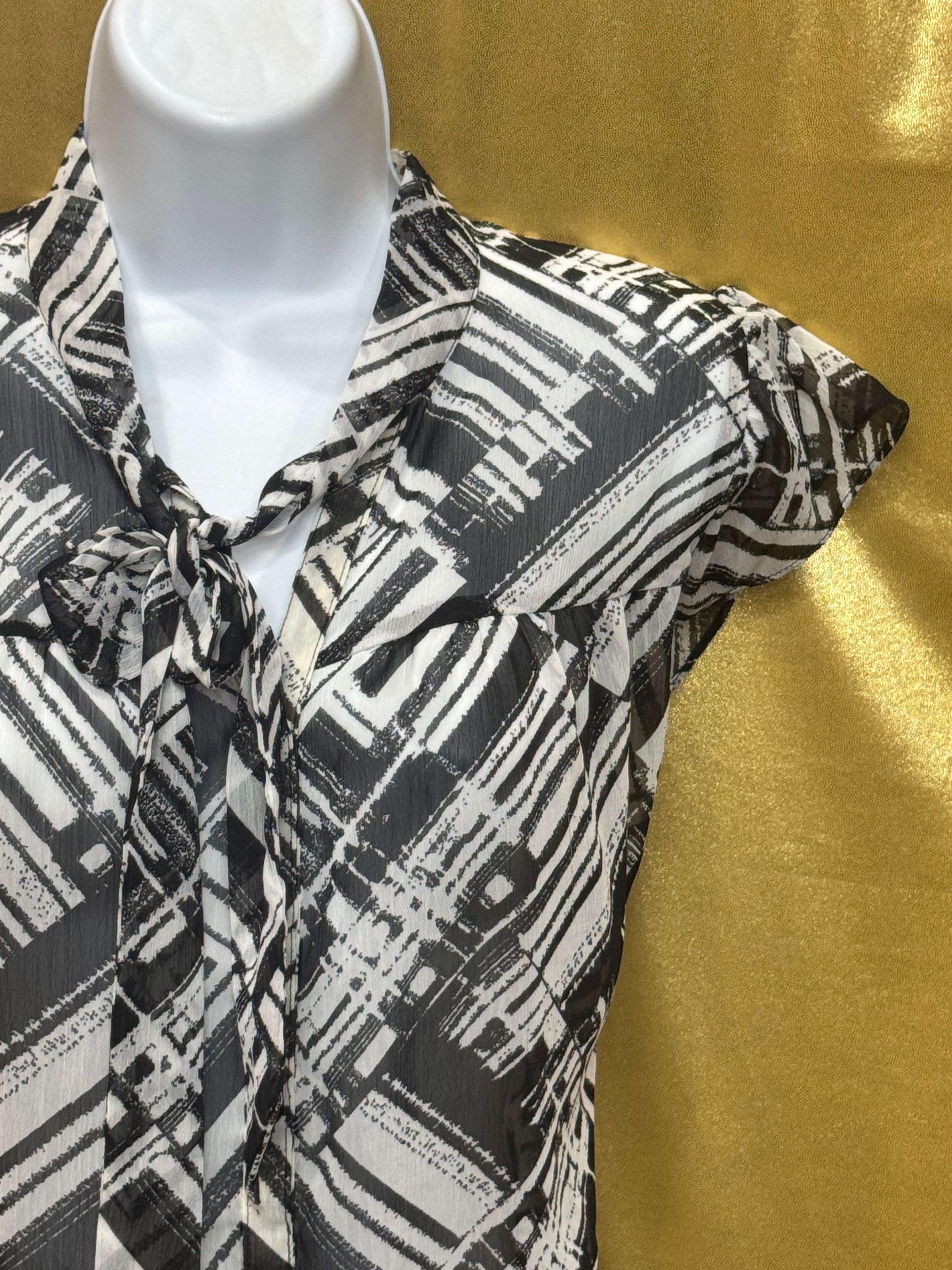 Madison Abstract Graphic Tie-Neck Blouse | Black & White Cap Sleeve Top, Size S