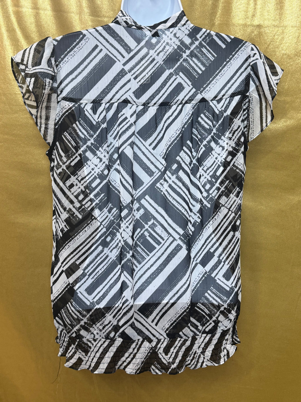 Madison Abstract Graphic Tie-Neck Blouse | Black & White Cap Sleeve Top, Size S